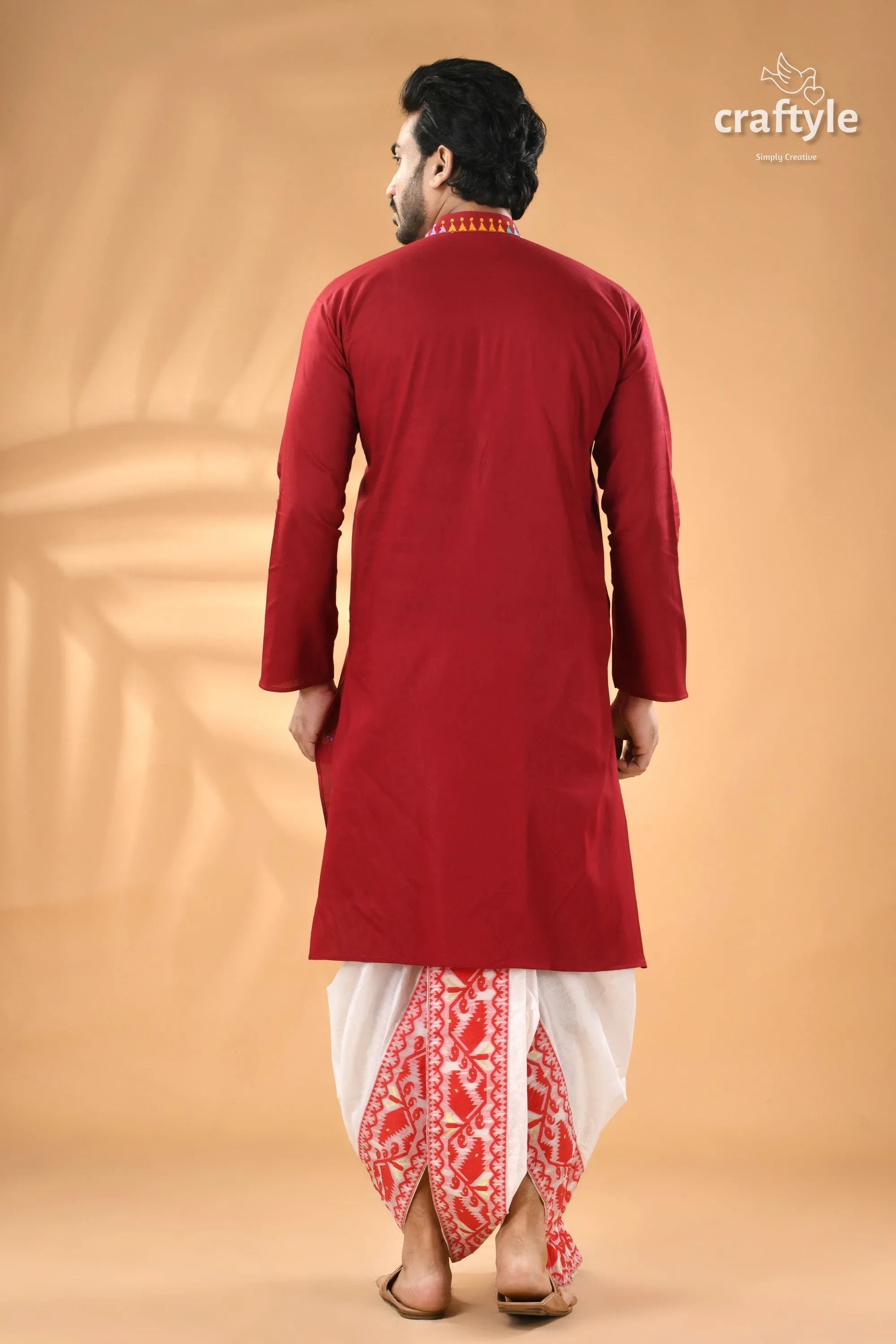 Multicolor thread maroon hand kantha stitched mens kurta men’s red long-sleeve kurta white 6