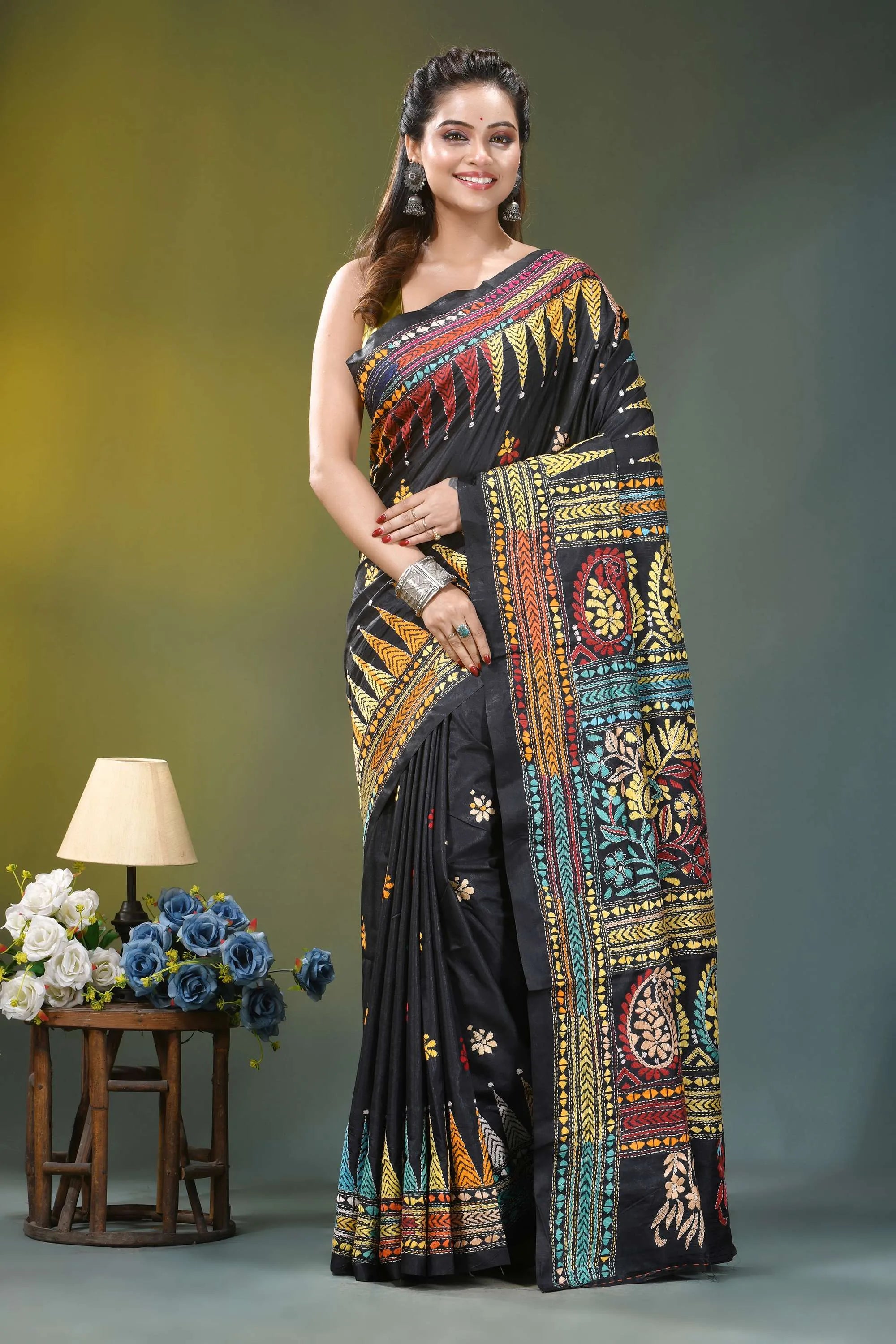 Multicolor thread paisley motif silk kantha saree in black black silk saree intricate multicolored 6