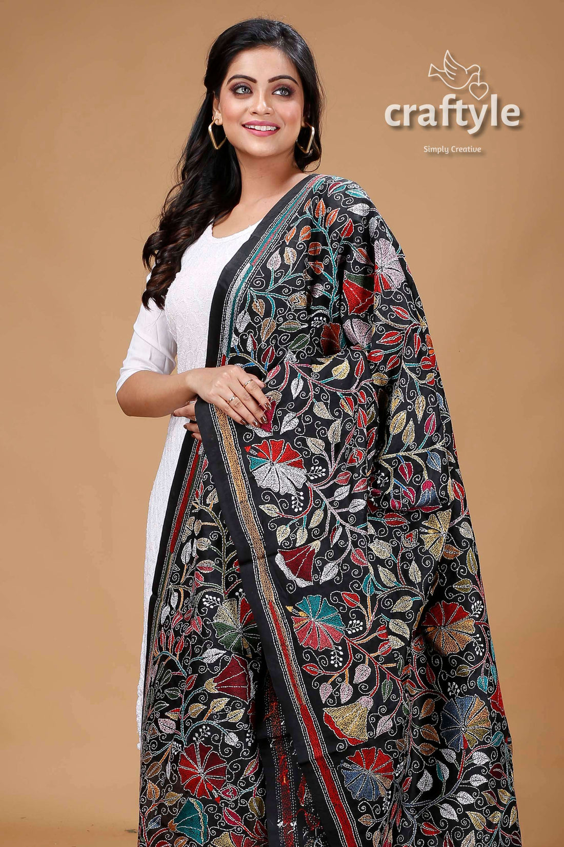 Multicolor Thread Work Black Pure Silk Kantha Embroidery Dupatta - Craftyle