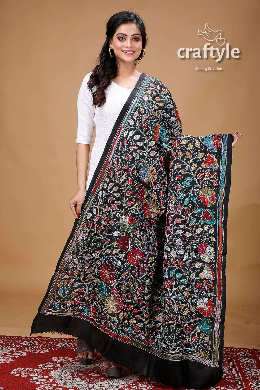 Multicolor Thread Work Black Pure Silk Kantha Embroidery Dupatta - Craftyle