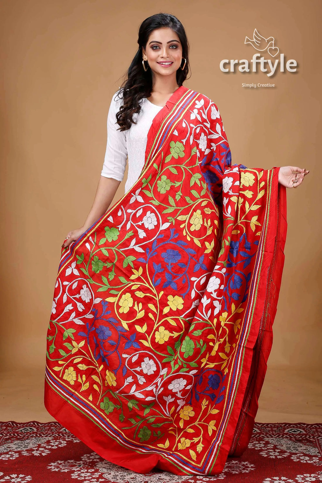 Multicolor thread work red hand embroidered silk kantha dupatta floral 1
