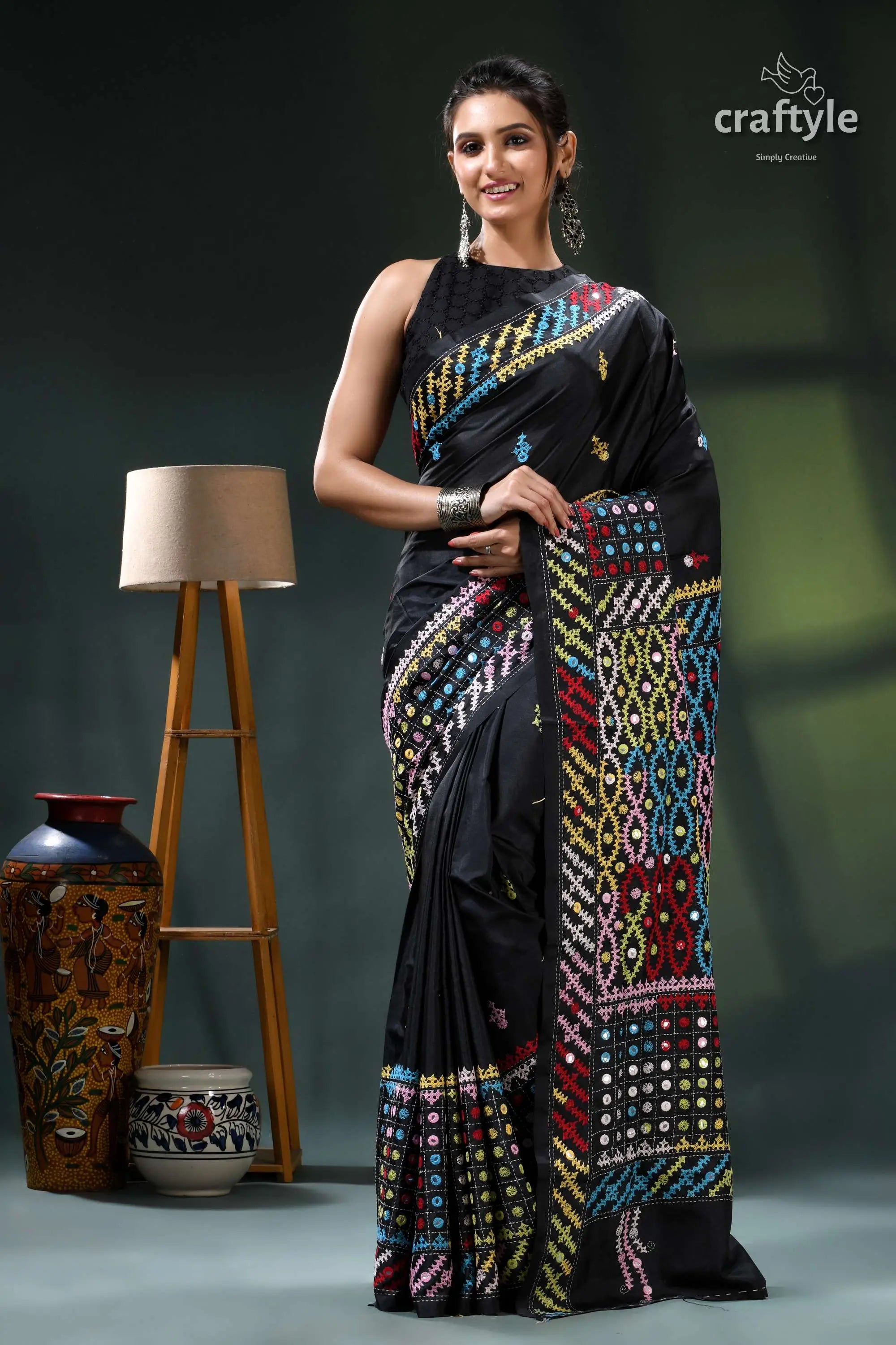 Multithread kutch embroidery black silk saree - mirror work black saree colorful geometric patterns 6