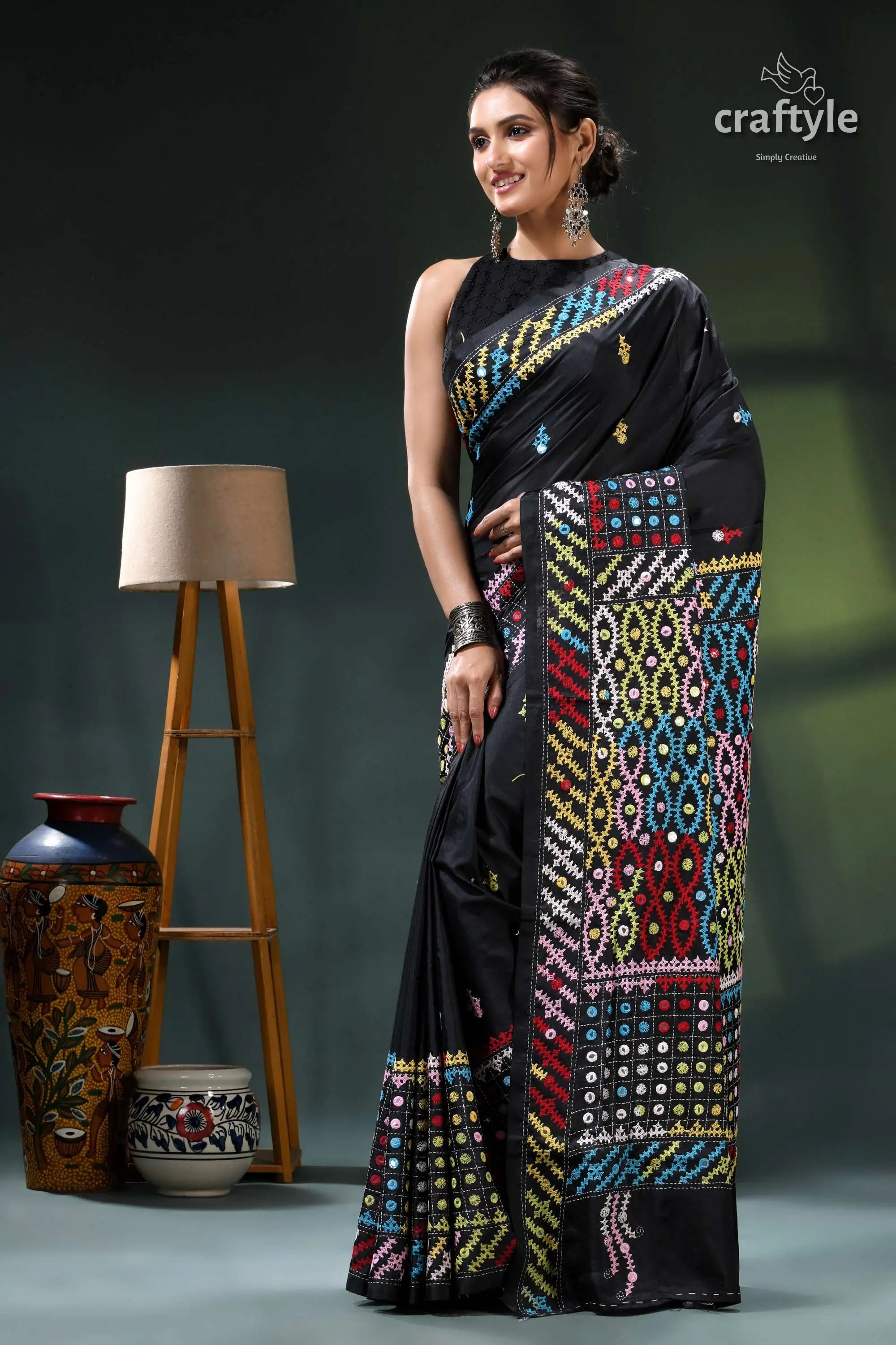 Multithread kutch embroidery black silk saree - mirror work black saree colorful patchwork design 3