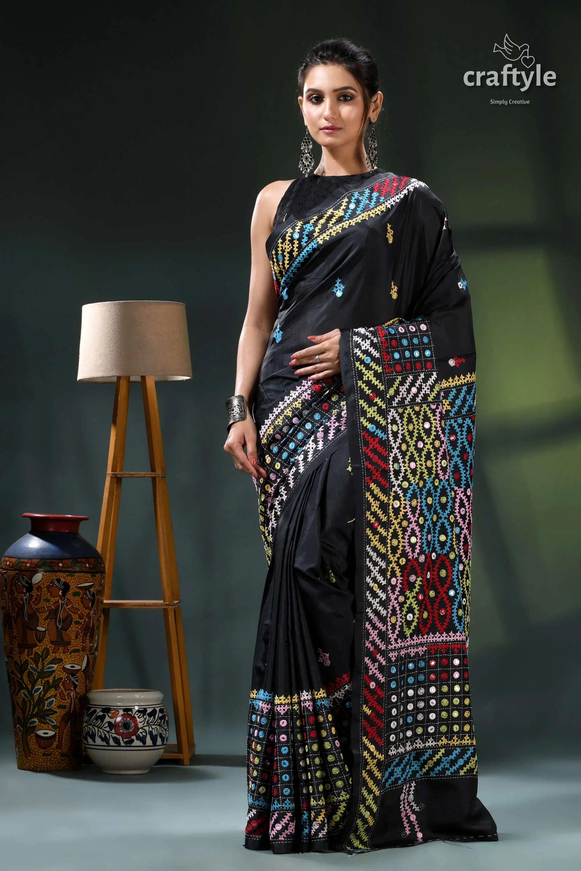 Multithread kutch embroidery black silk saree - mirror work black saree colorful mirror work 1