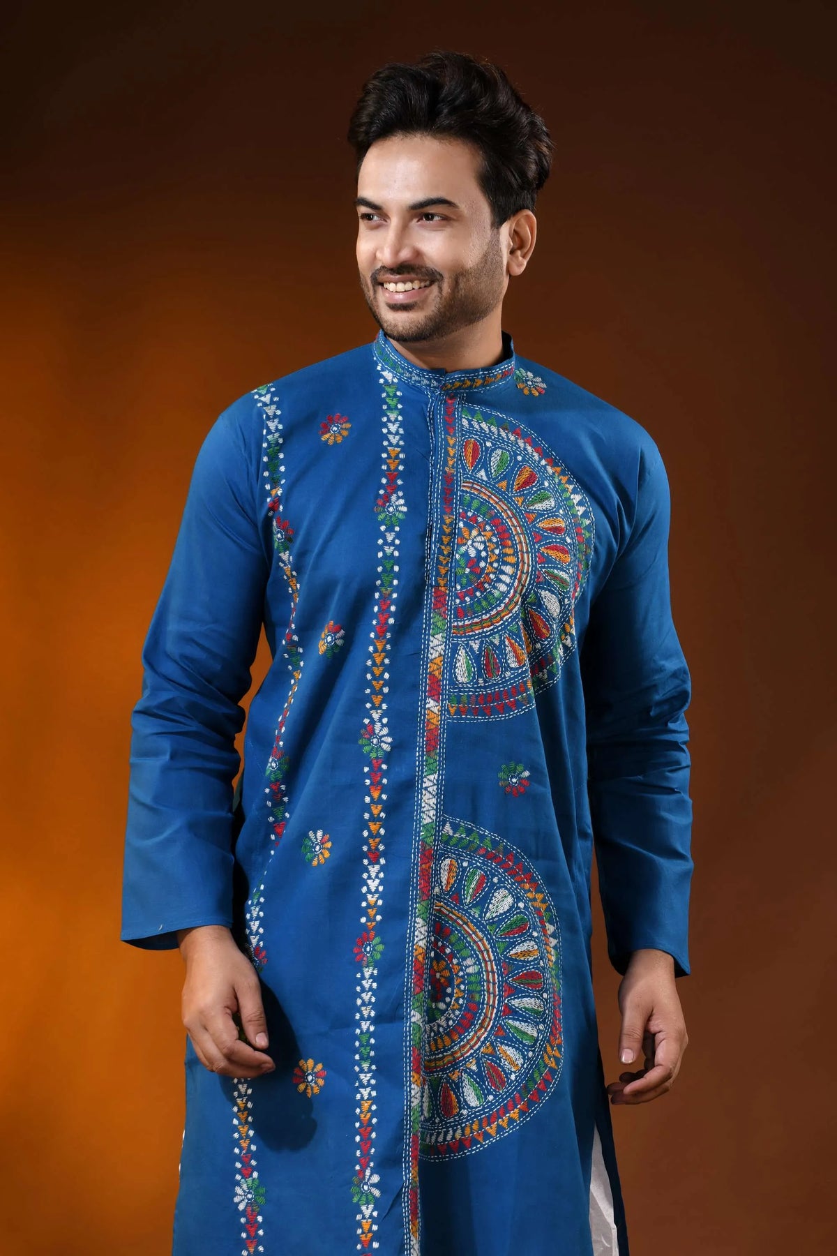 Multithread mandala handcrafted fun blue men’s cotton kantha punjabi 2