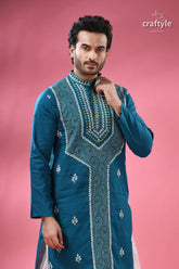 Munsell blue kantha stitch cotton panjabi for men men’s teal blue embroidered long sleeve 2