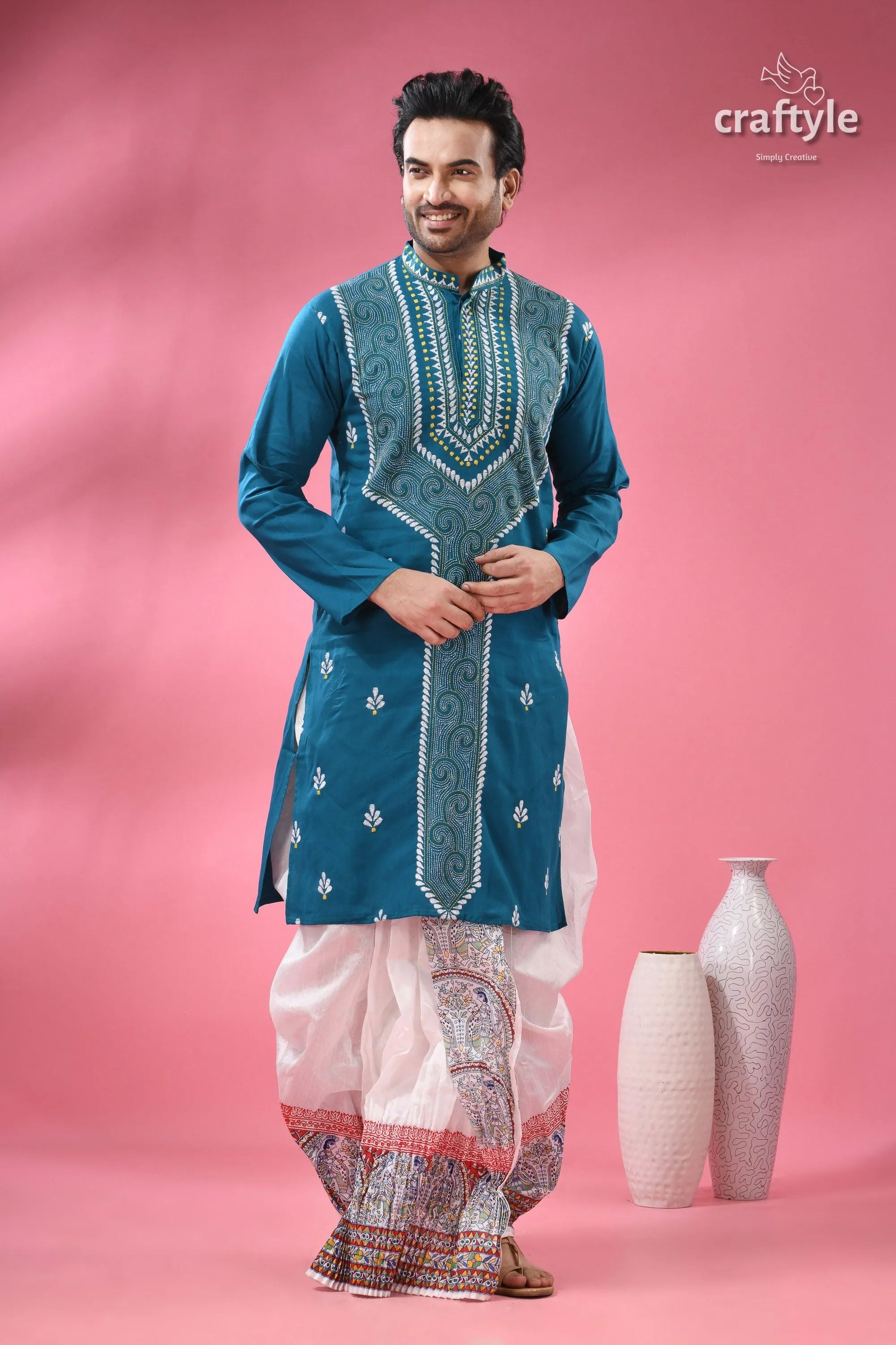 Munsell blue kantha stitch cotton panjabi for men men’s teal embroidered kurta 5