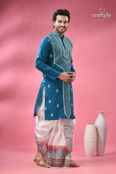 Munsell blue kantha stitch cotton panjabi for men man teal embroidered kurta white 3