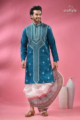 Munsell blue kantha stitch cotton panjabi for men man teal kurta white embroidery 4