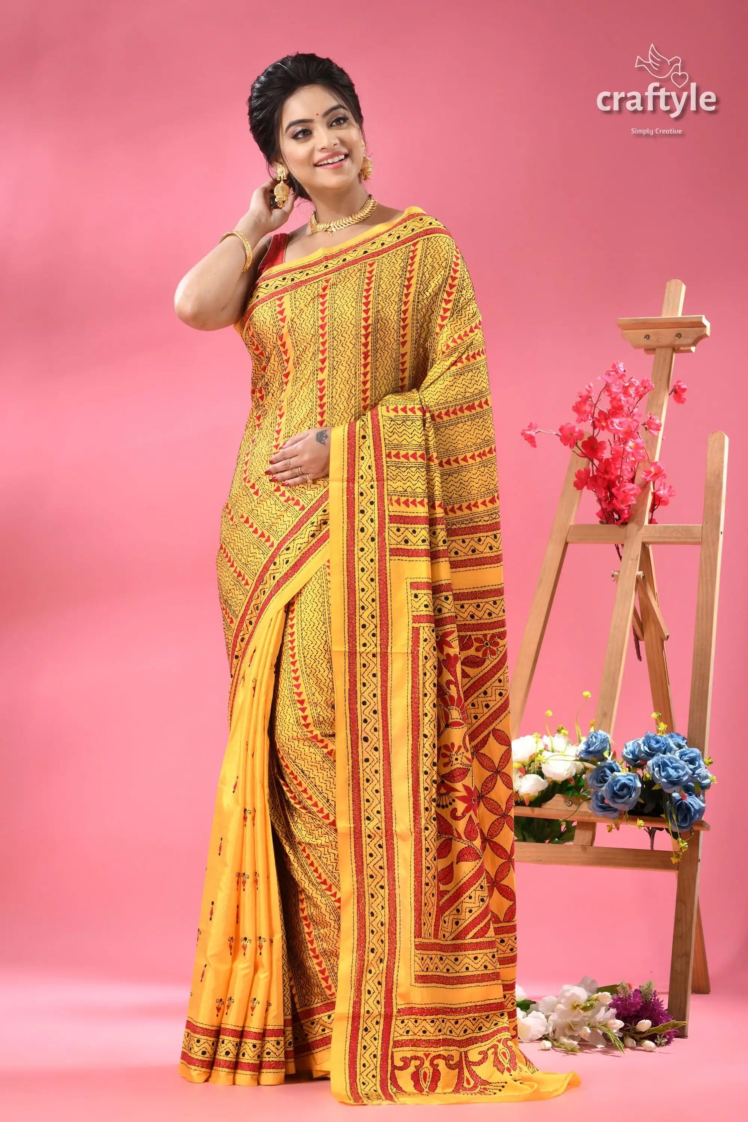 Munshell yellow and red kantha embroidered silk saree yellow red patterned cotton saree 6