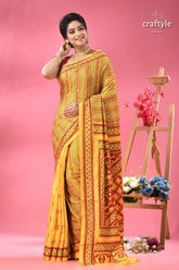 Munshell yellow and red kantha embroidered silk saree yellow red patterned cotton saree 6