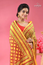 Munshell yellow and red kantha embroidered silk saree yellow red patterned silk saree 2