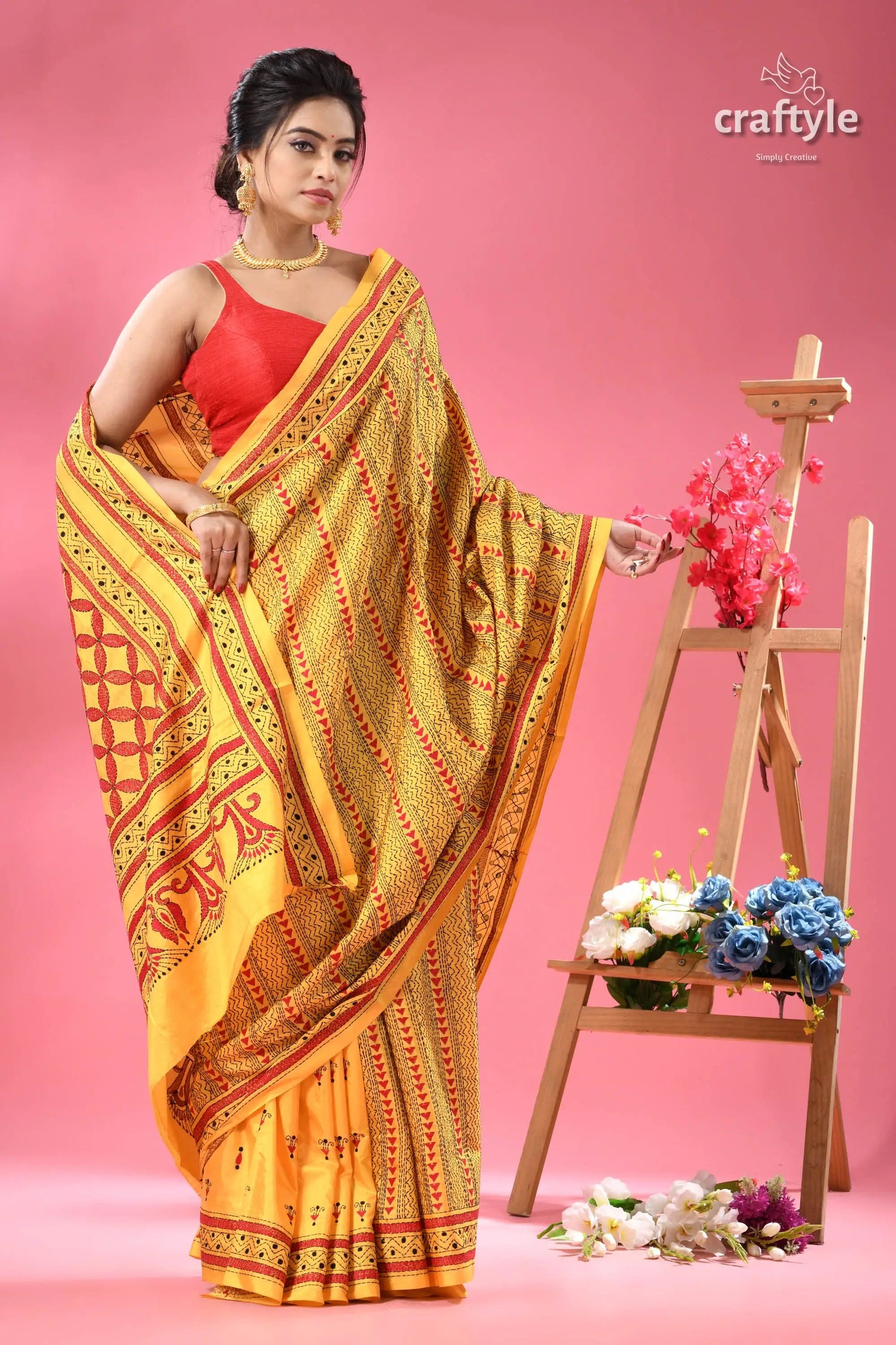 Munshell yellow and red kantha embroidered silk saree yellow red patterned cotton saree 3