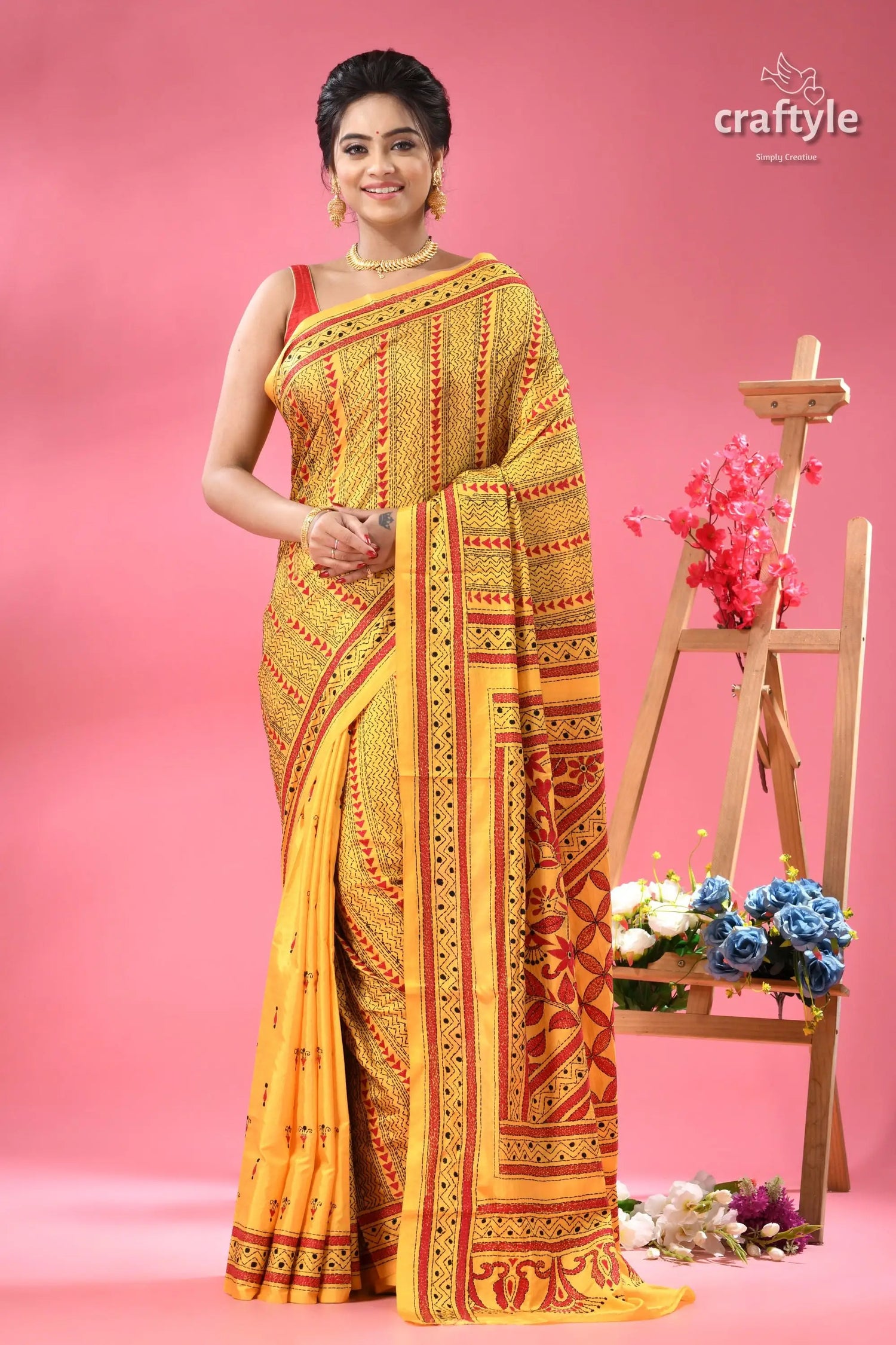 Munshell yellow and red kantha embroidered silk saree yellow saree red black block 1