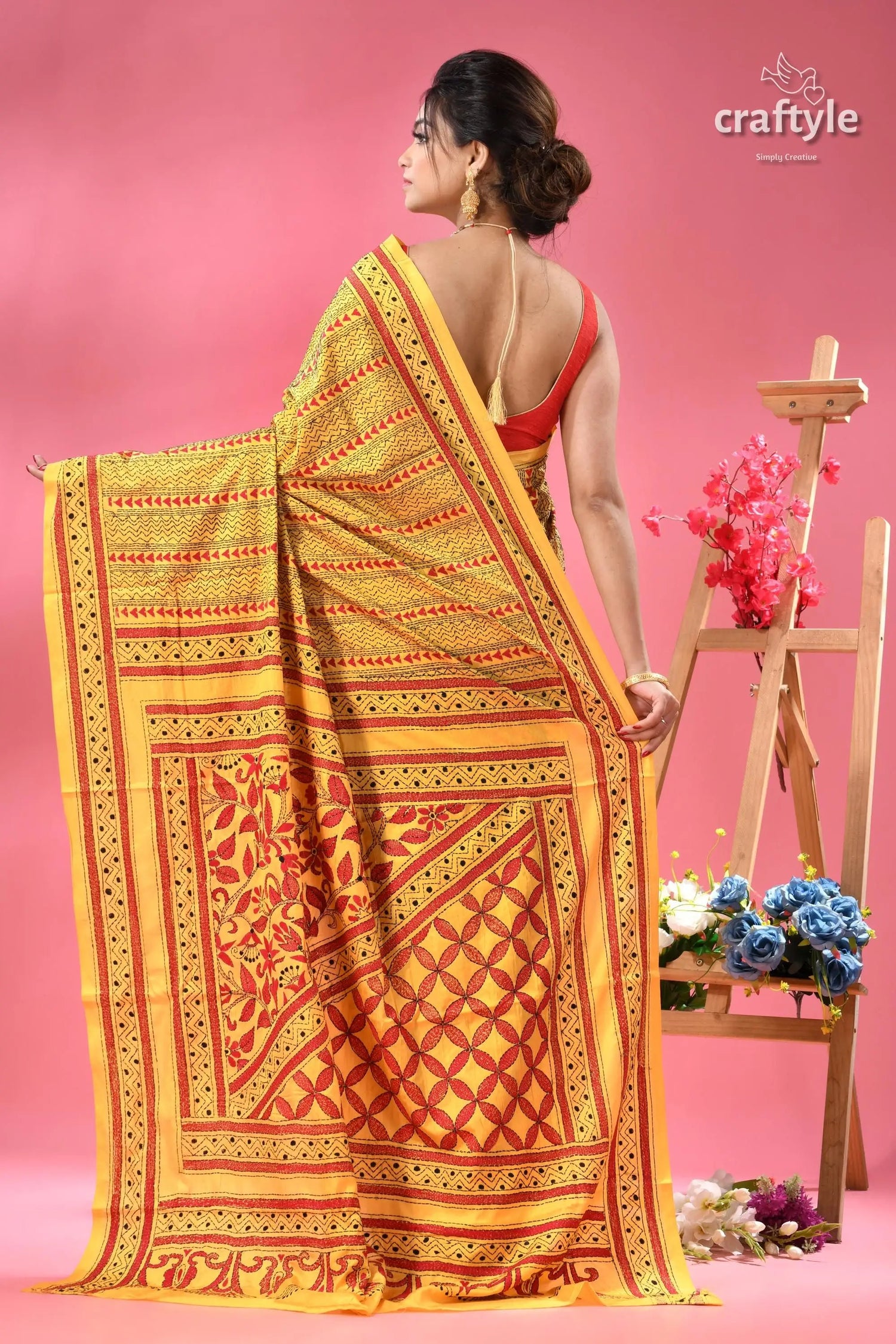 Munshell yellow and red kantha embroidered silk saree woman yellow red patterned saree 5