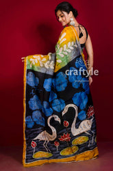 Mustard yellow blue lotus motif hand batik pure mulberry silk saree woman batik saree flamingo lotus 4