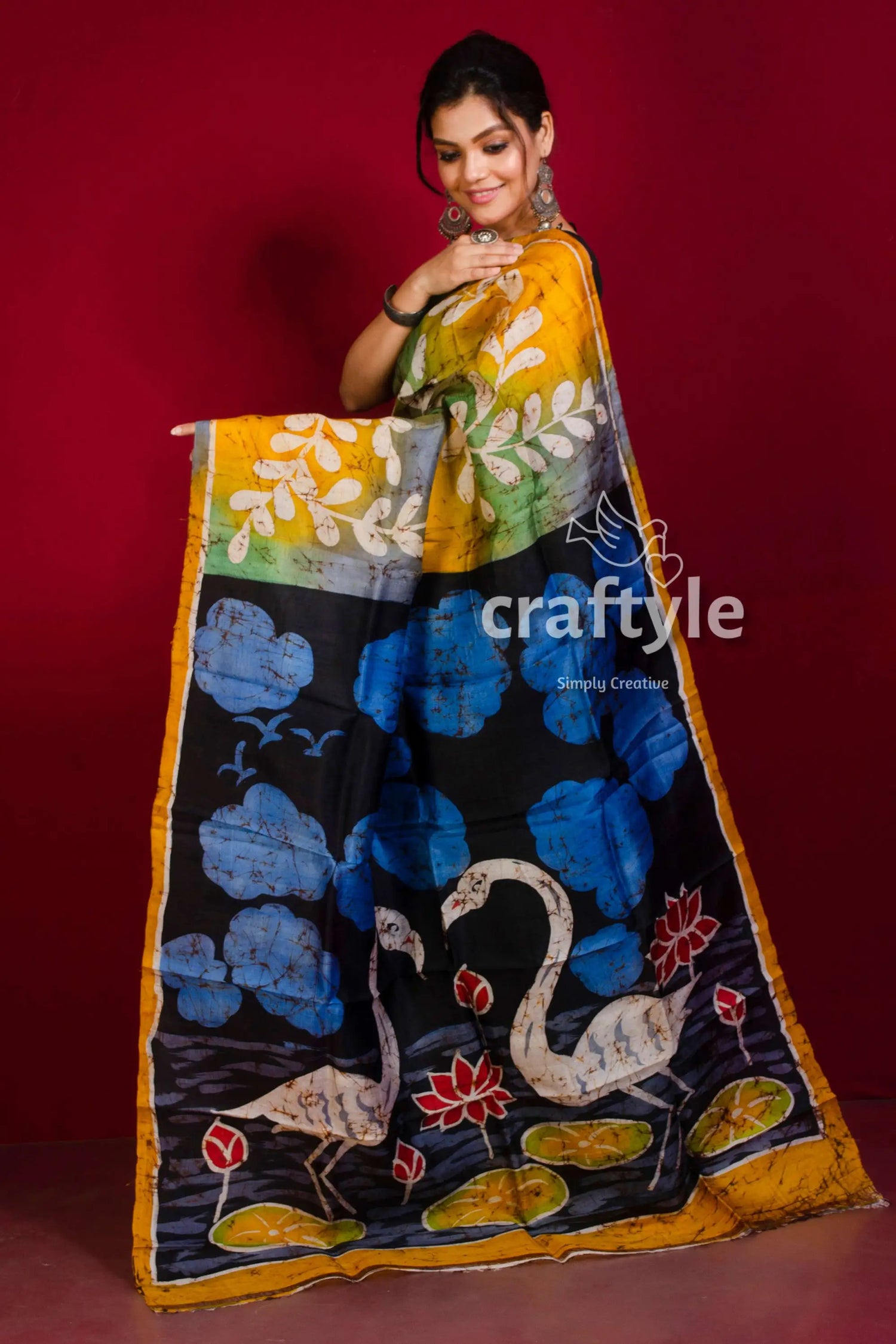 Mustard yellow blue lotus motif hand batik pure mulberry silk saree woman batik-painted saree 3