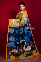 Mustard yellow blue lotus motif hand batik pure mulberry silk saree woman batik-painted saree 3