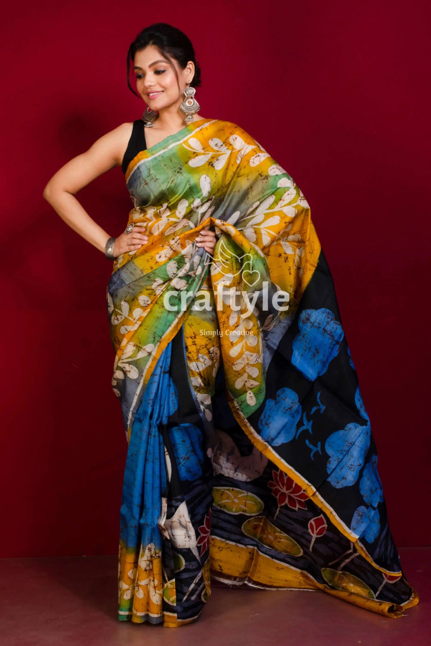 Mustard yellow blue lotus motif hand batik pure mulberry silk saree woman colorful batik saree 2