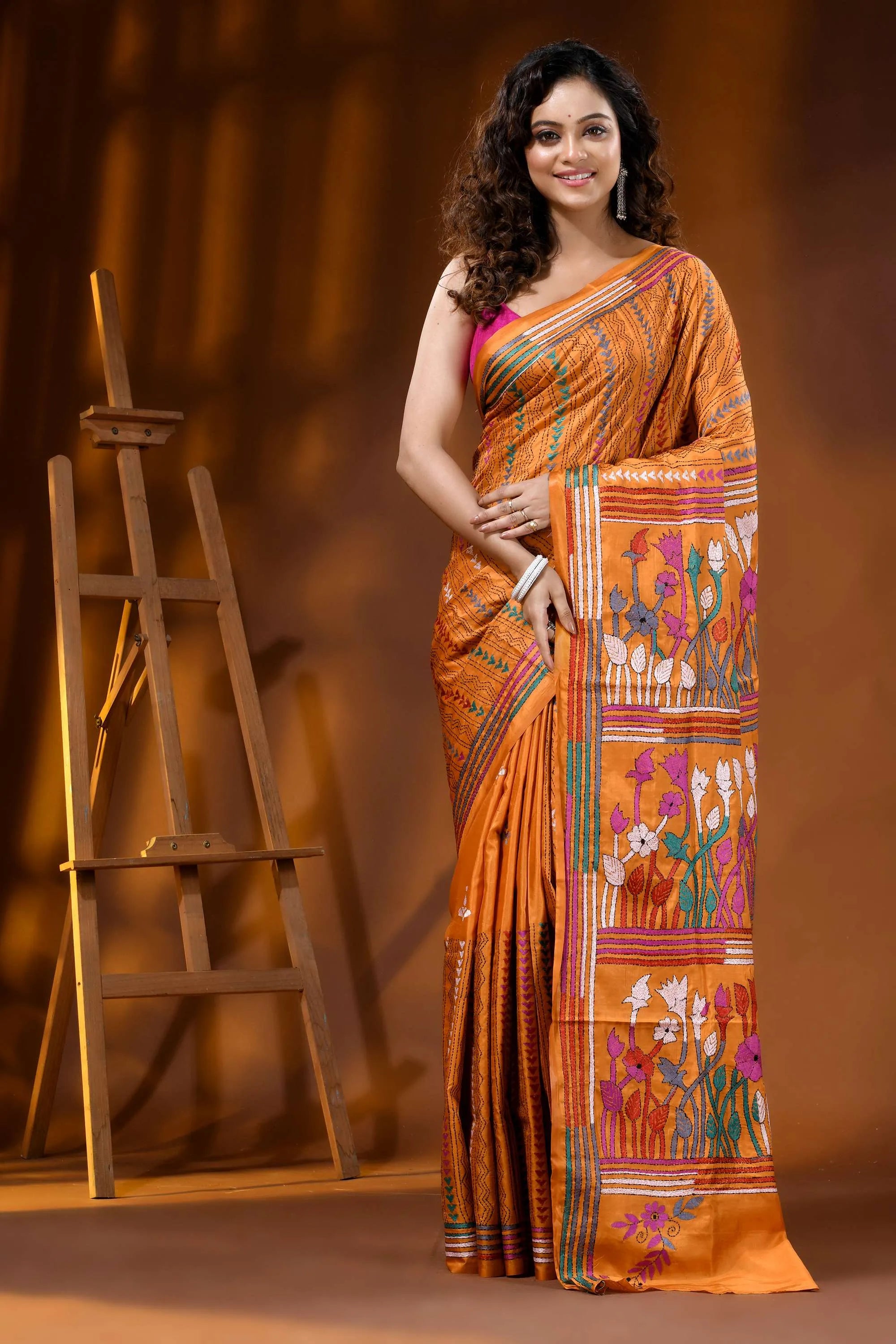 Mustard yellow hand embroidered floral motif silk kantha saree 6