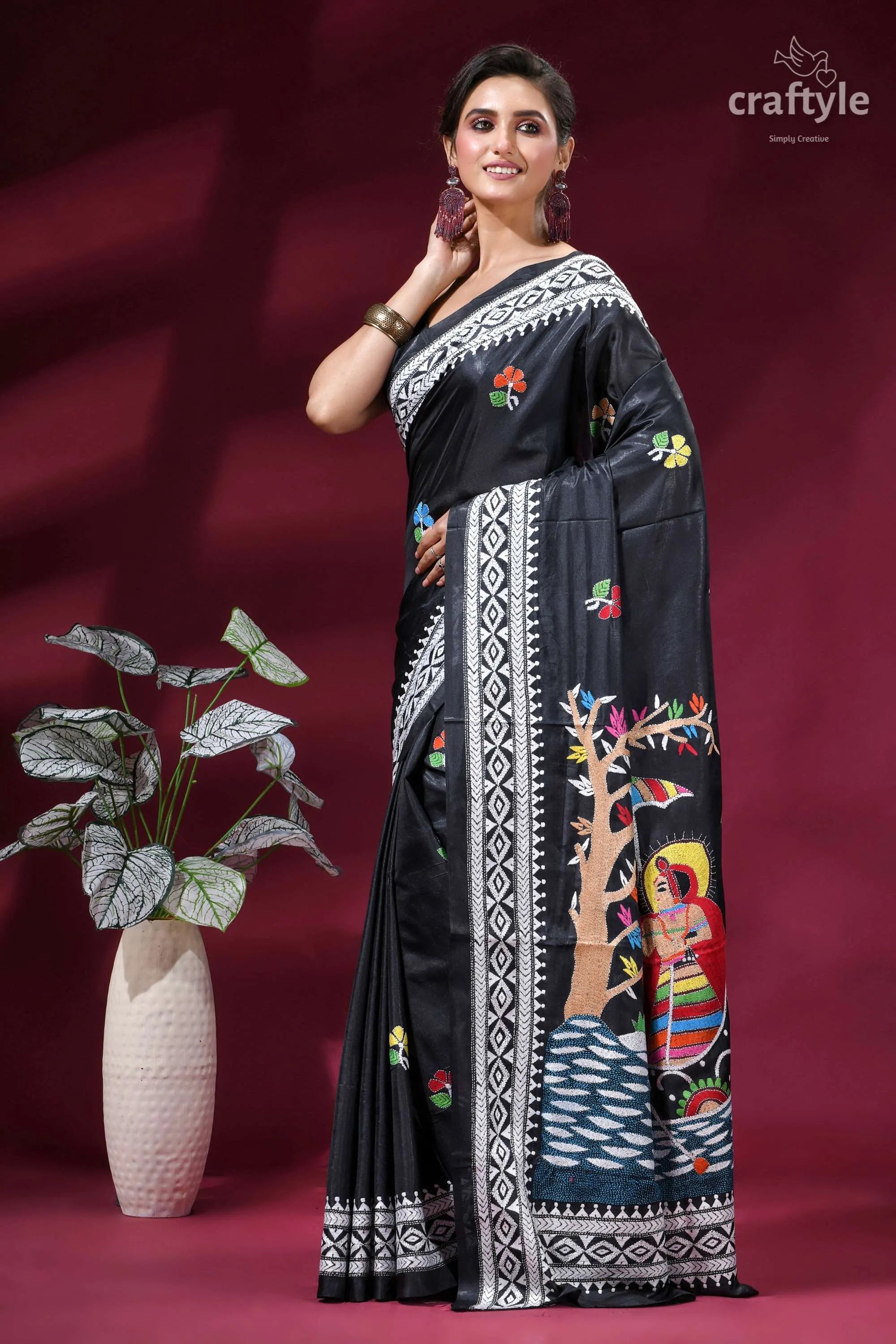 Mythology theme handcrafted kantha silk saree in almost black black silk saree intricate white 3
