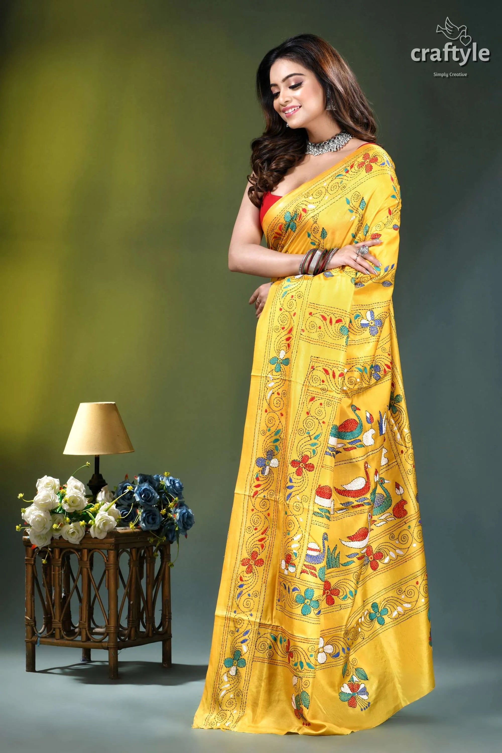 Naples yellow swan motif ethnic kantha stitched silk saree vibrant yellow saree adorned intricate 3