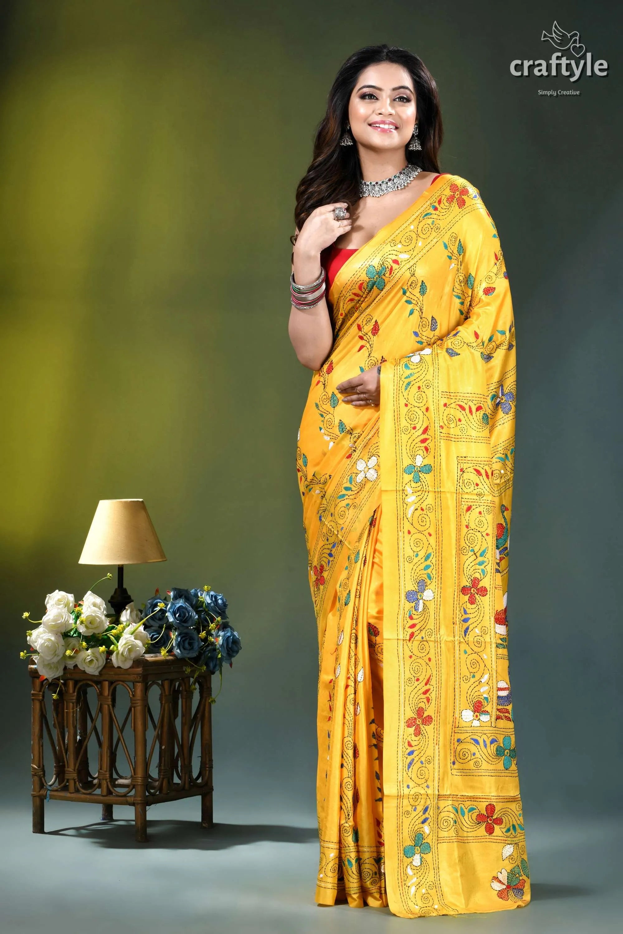 Naples yellow swan motif ethnic kantha stitched silk saree vibrant yellow saree adorned intricate 6