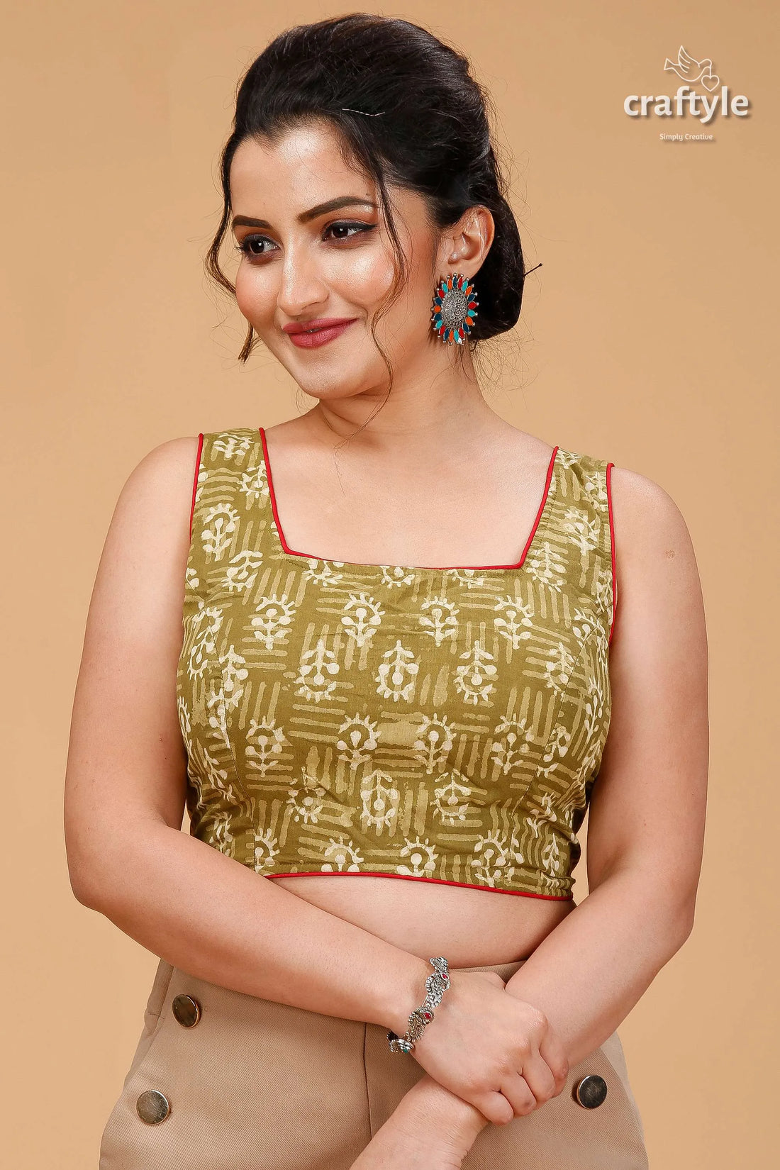 Natural moss green dabu print blouse - pure cotton woman patterned crop red 1