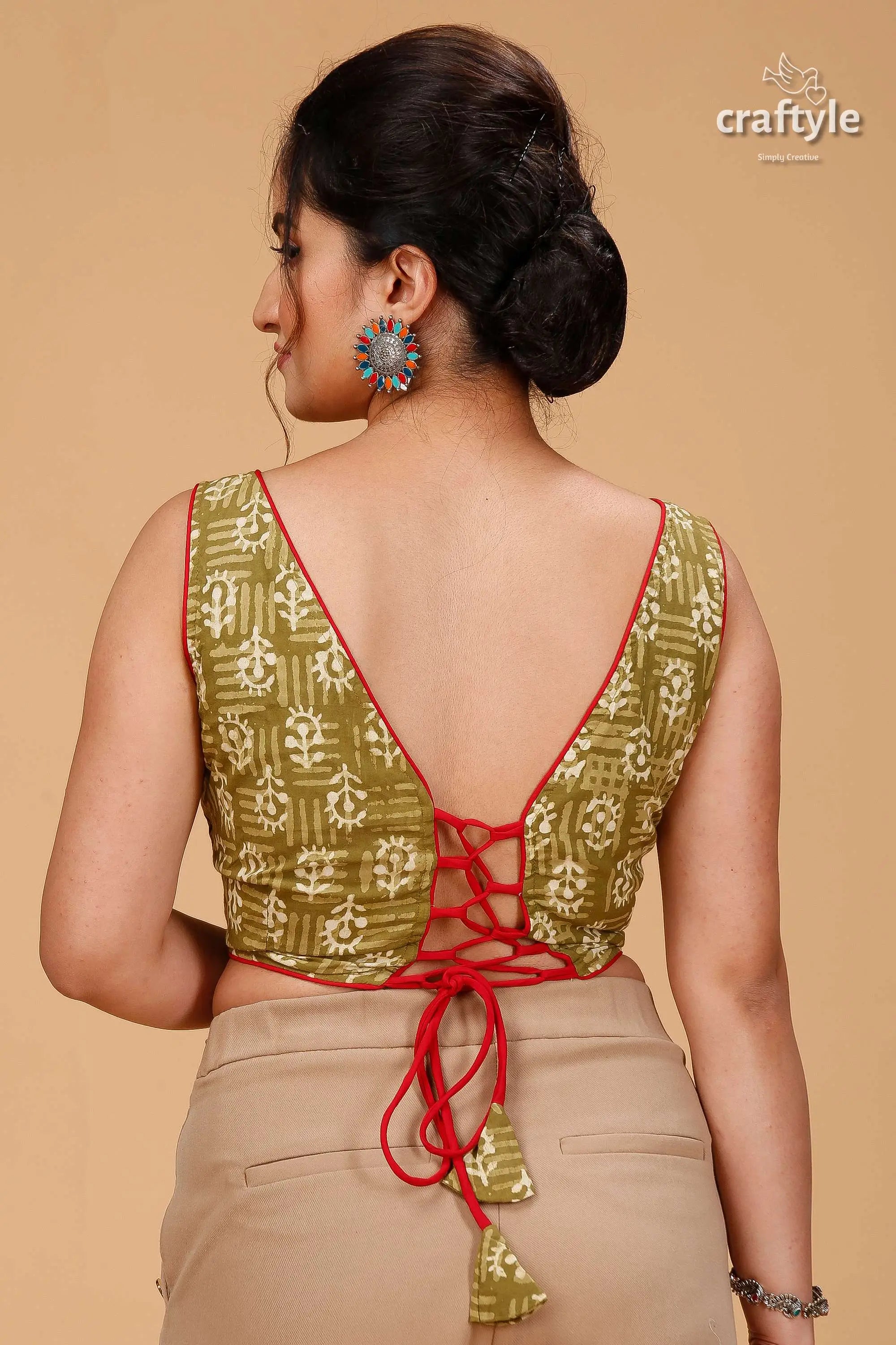 Natural moss green dabu print blouse - pure cotton olive green sleeveless blouse deep 2