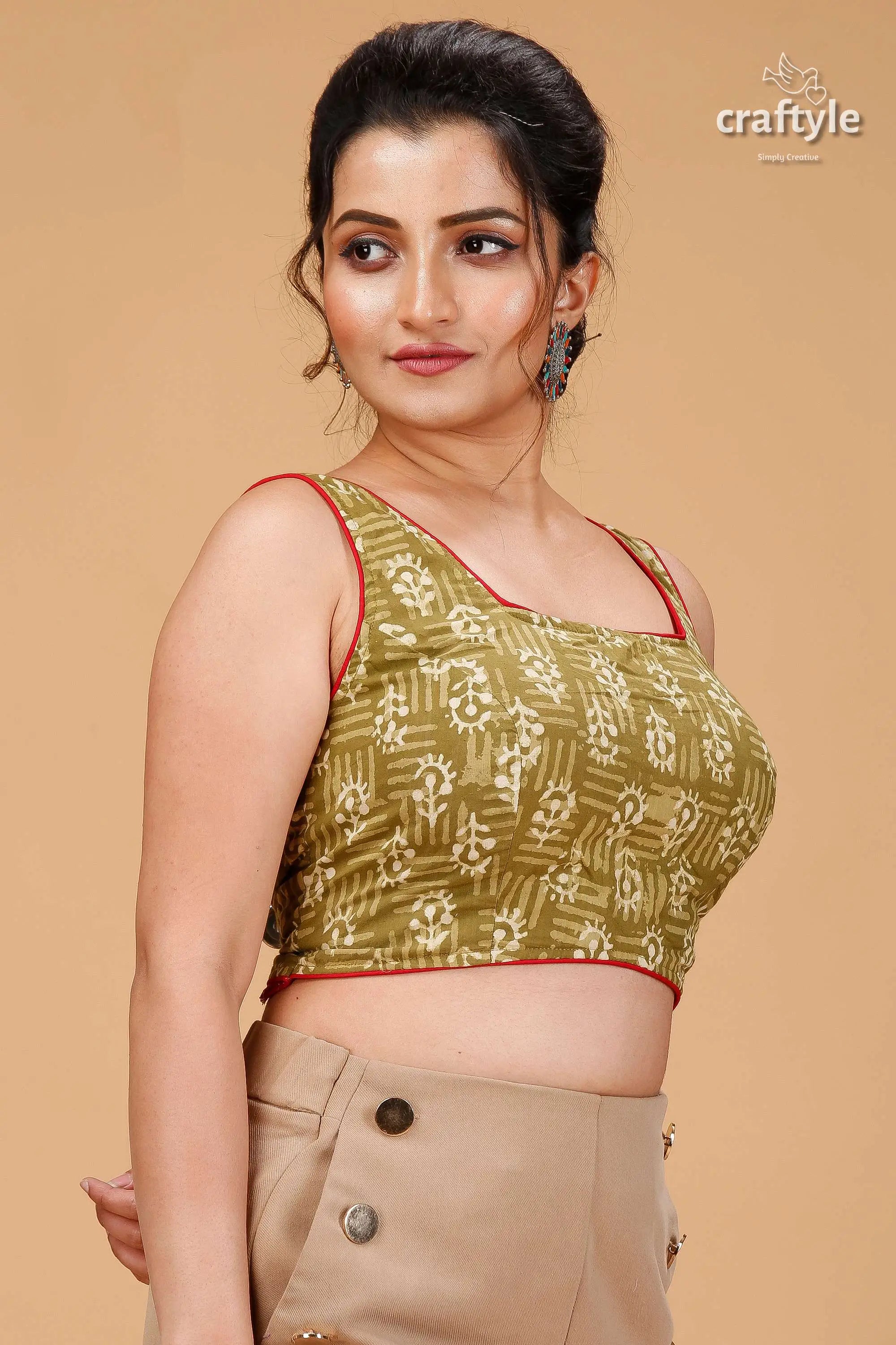 Natural moss green dabu print blouse - pure cotton woman green patterned crop red 4