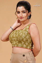 Natural moss green dabu print blouse - pure cotton woman sleeveless olive green patterned 3