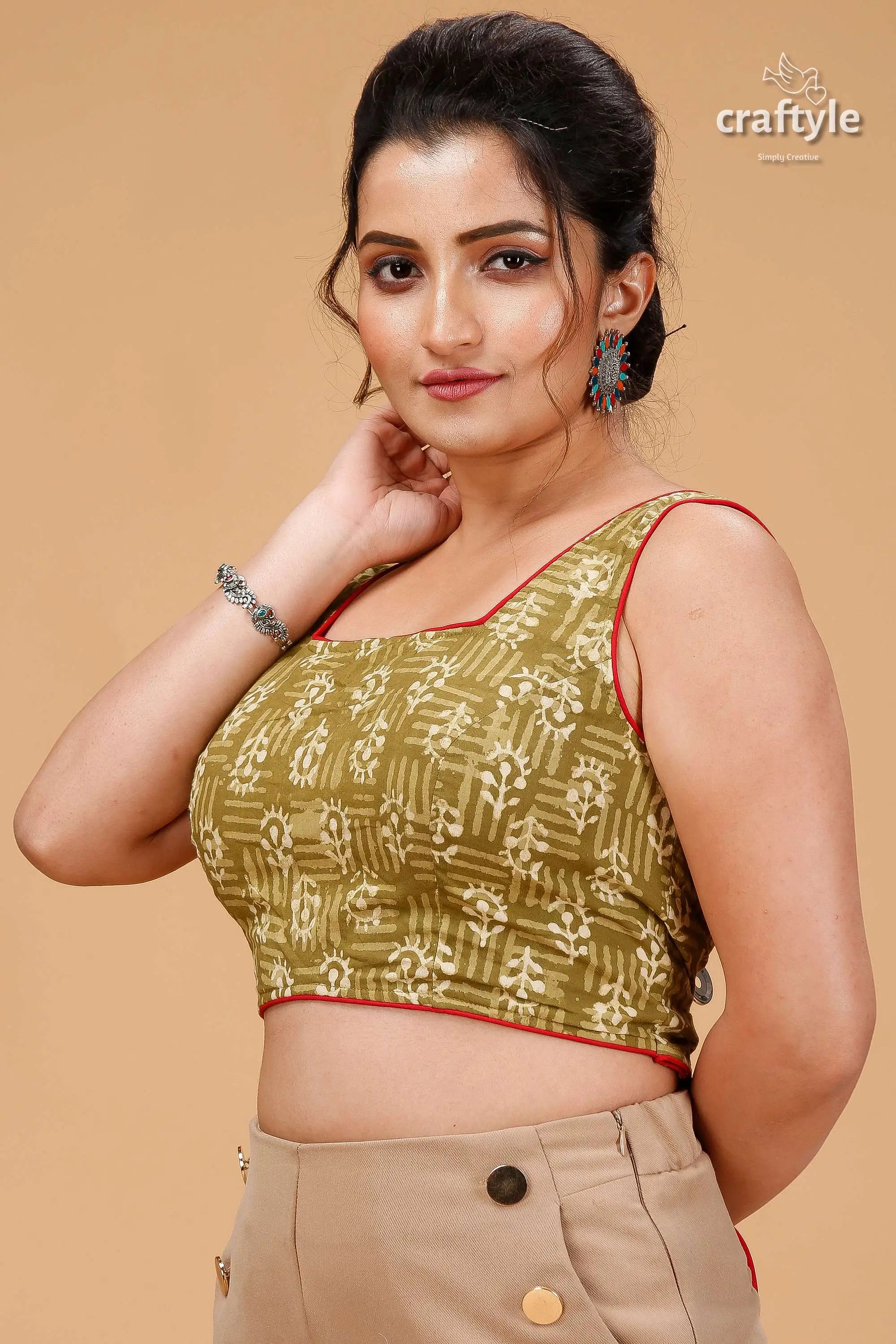 Natural moss green dabu print blouse - pure cotton woman sleeveless olive green patterned 3