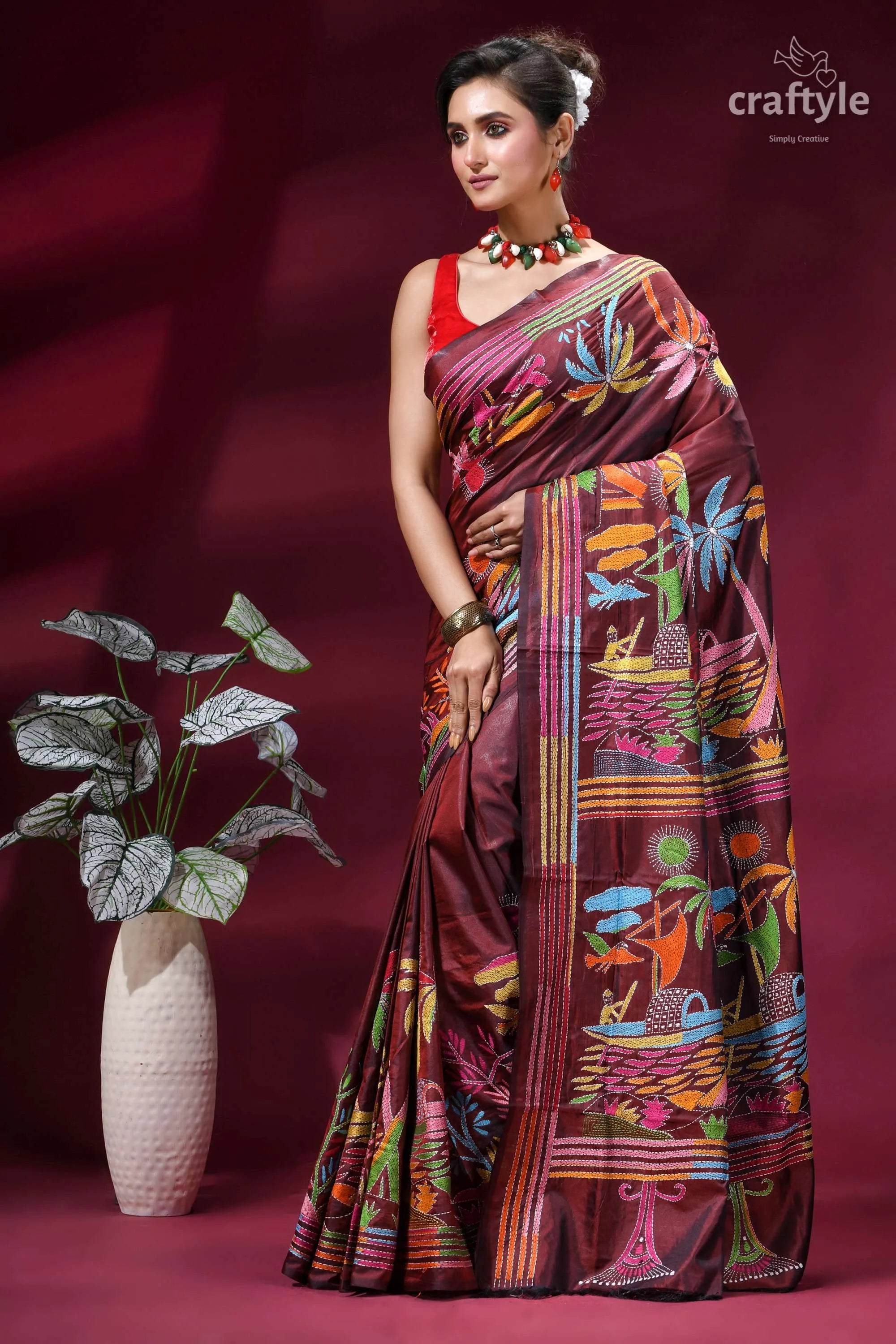 Nature theme handcrafted silk kantha stitch saree in wine maroon silk saree vibrant colorful 3