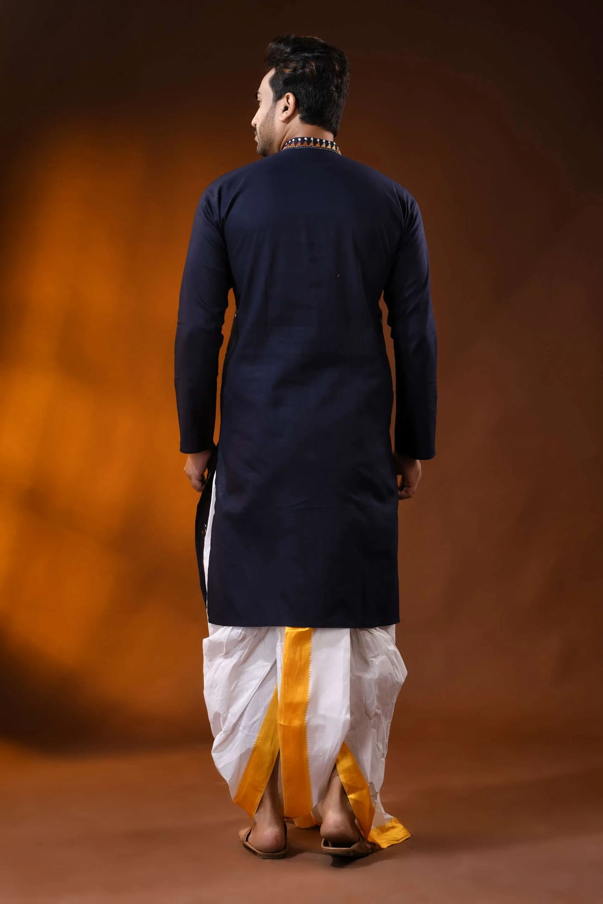 Navy blue brown thread kantha stitch pure cotton kurta for men 5