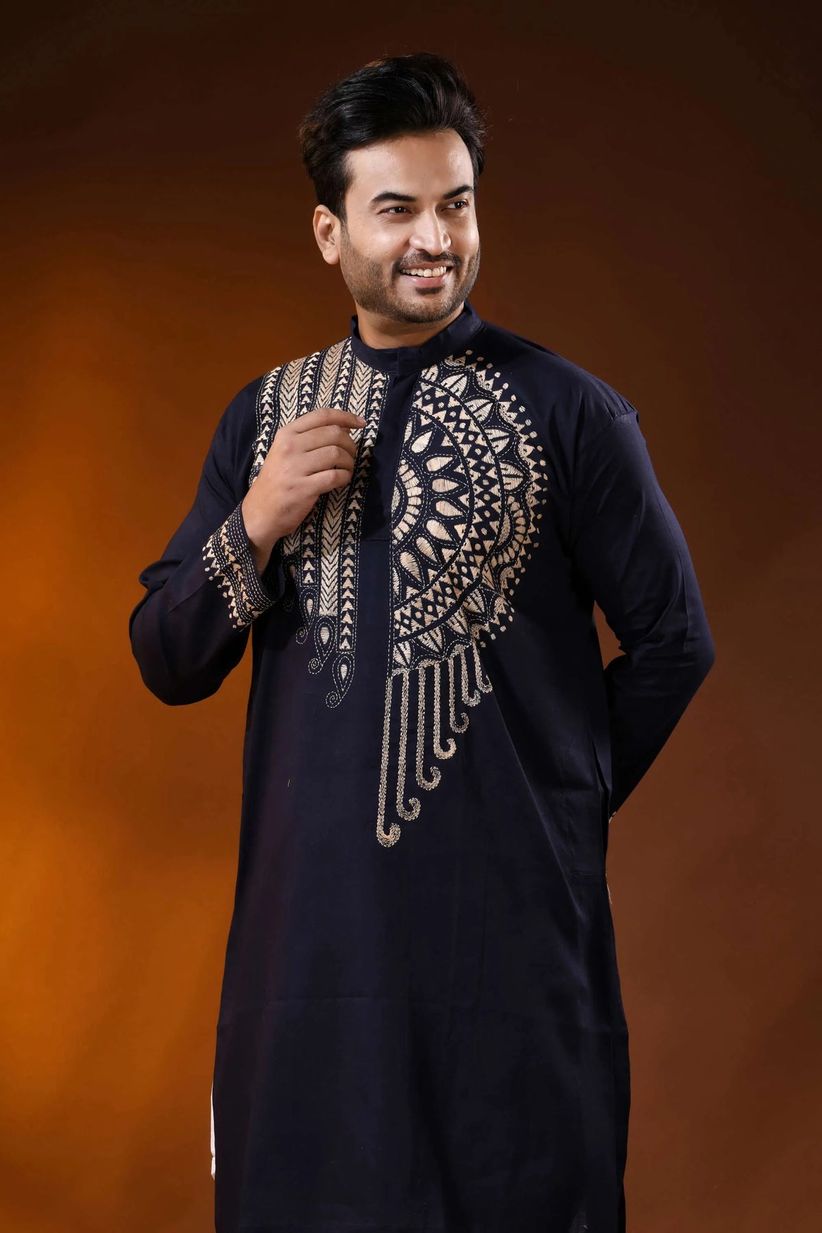 Navy blue designer cotton panjabi for men with mandala kantha work 6