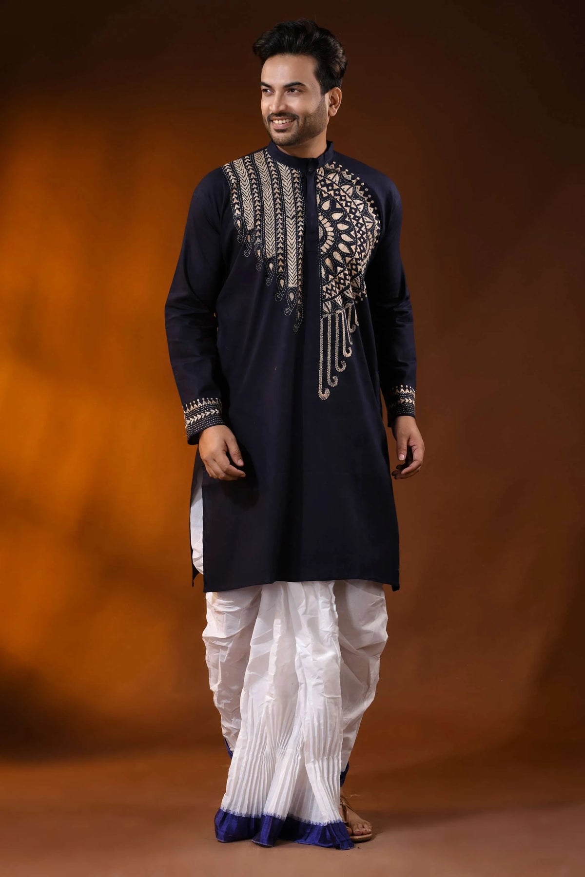 Navy blue designer cotton panjabi for men with mandala kantha work 2