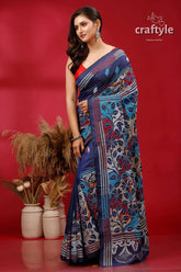 Navy blue floral silk kantha stitch saree reverse woman blue floral saree 3