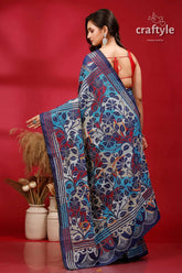 Navy blue floral silk kantha stitch saree reverse floral patterned blue saree 5