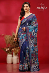 Navy blue floral silk kantha stitch saree reverse blue floral patterned saree 1