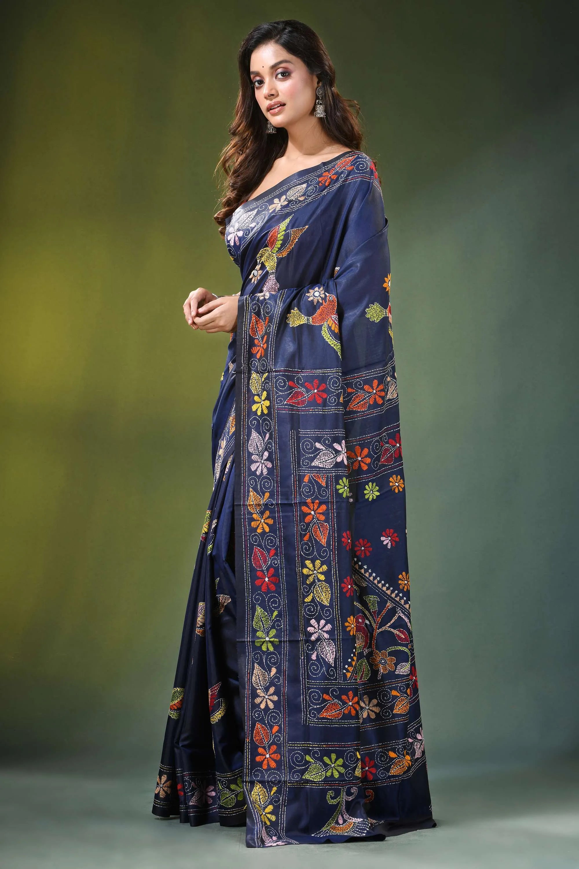 Navy blue hand embroidered bird motif kantha work silk saree adorned 3