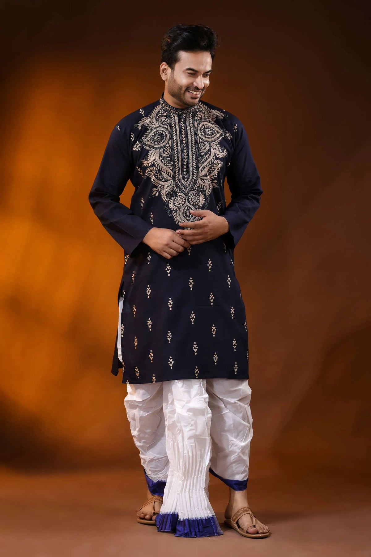 Navy blue hand embroidered cotton kantha punjabi for men - beige paisley 6