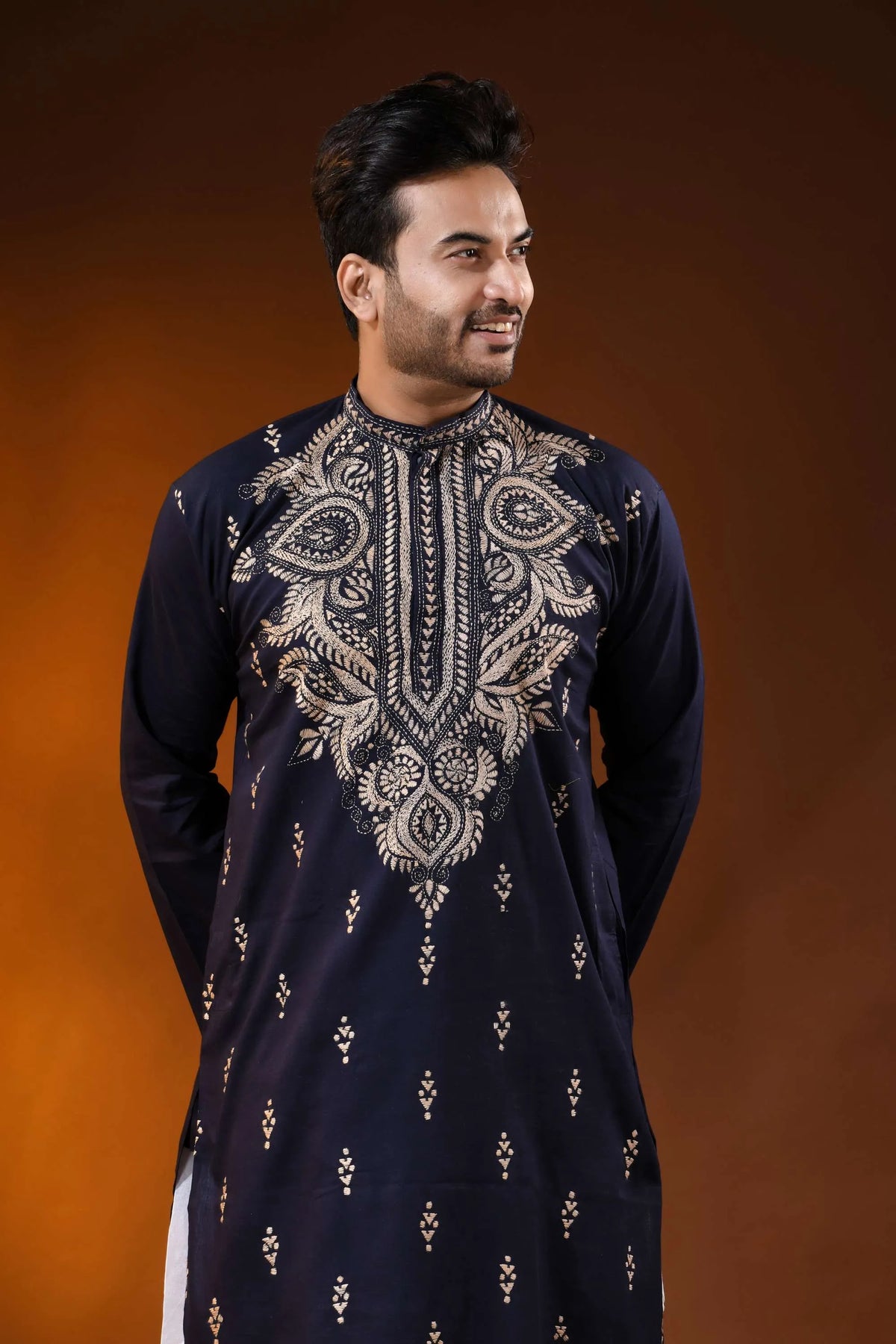 Navy blue hand embroidered cotton kantha punjabi for men - beige paisley 2