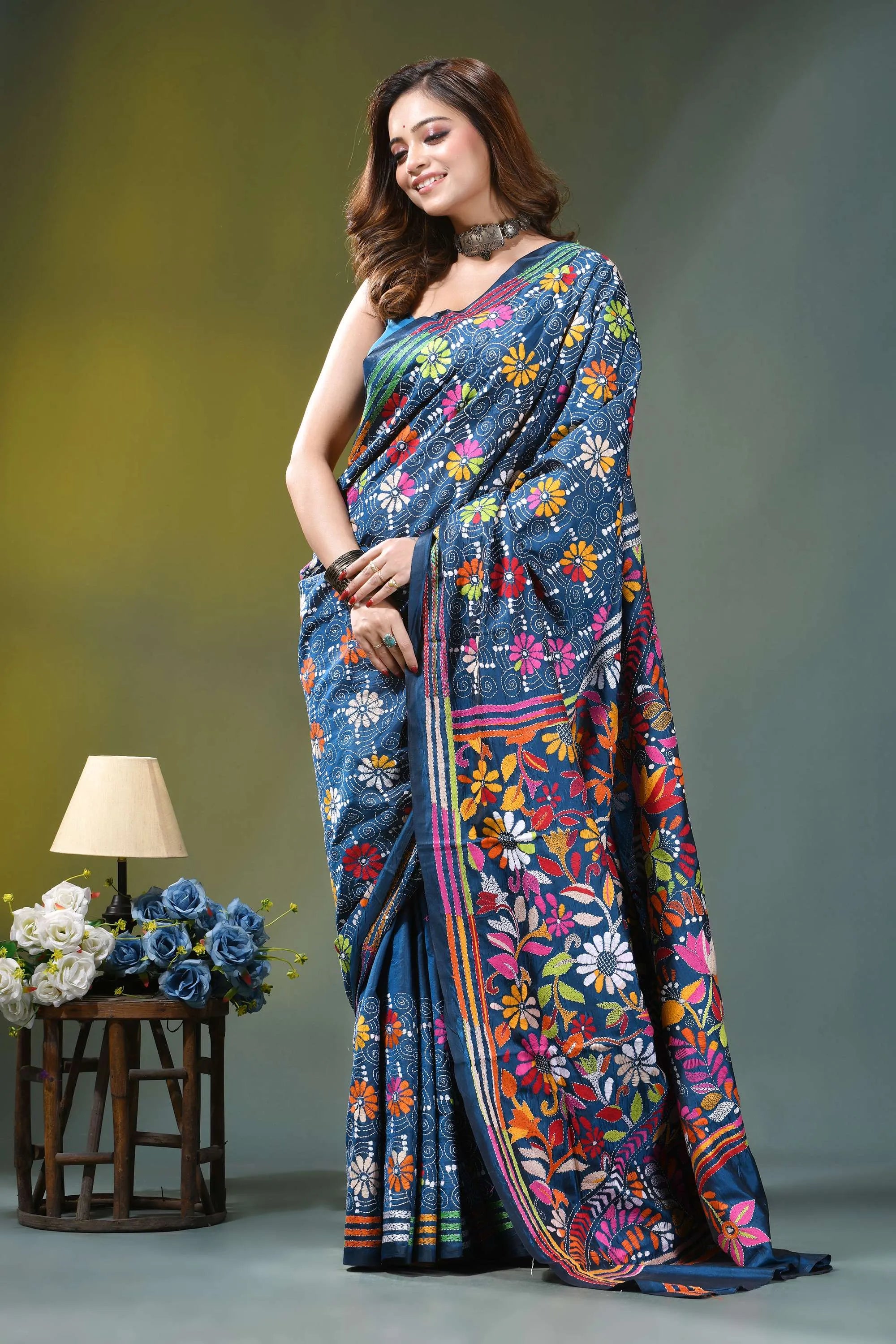Navy blue intricate floral motif handcrafted silk kantha saree vibrant blue silk saree adorned 7