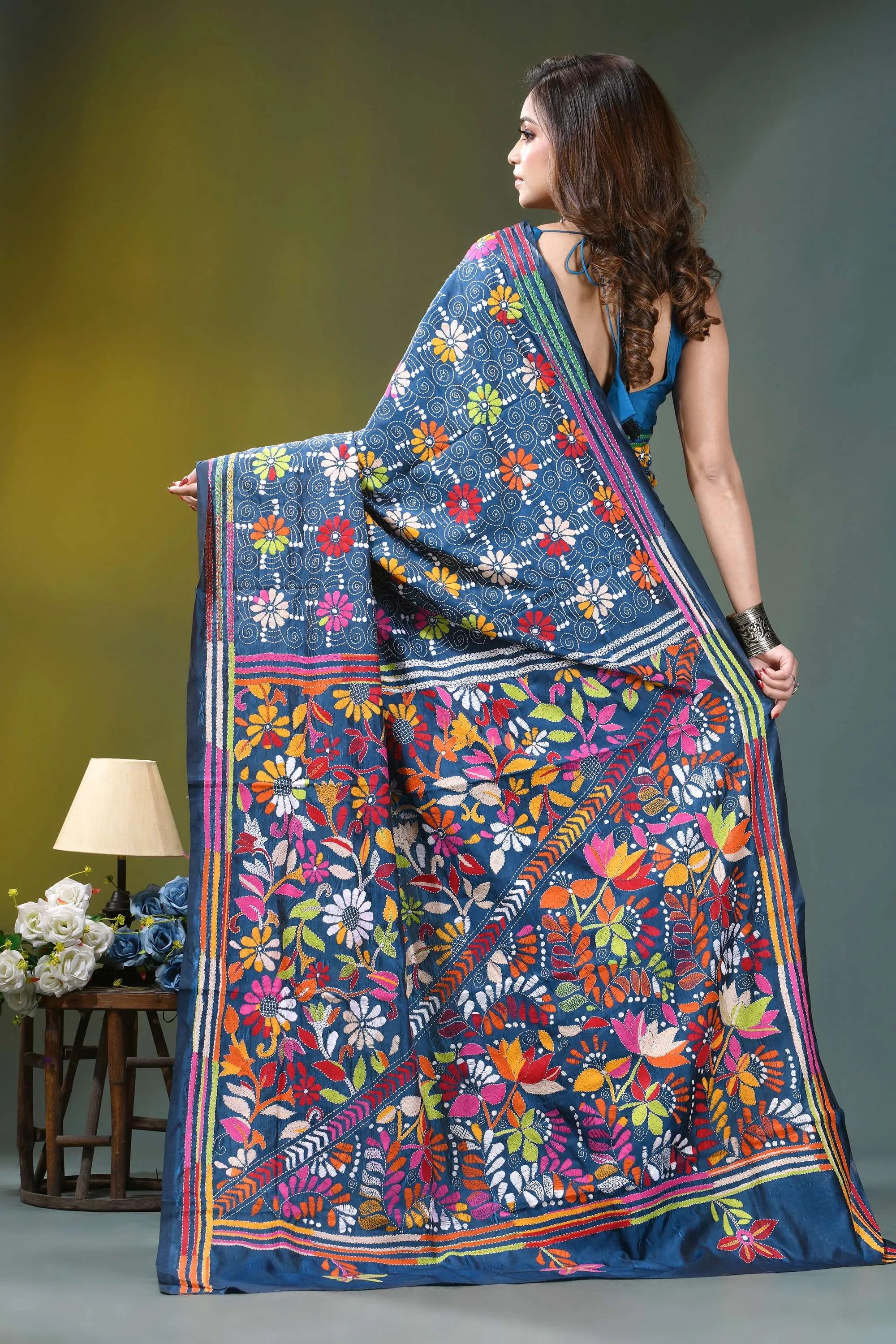 Navy blue intricate floral motif handcrafted silk kantha saree vibrant blue hand-embroidered saree intricate 5