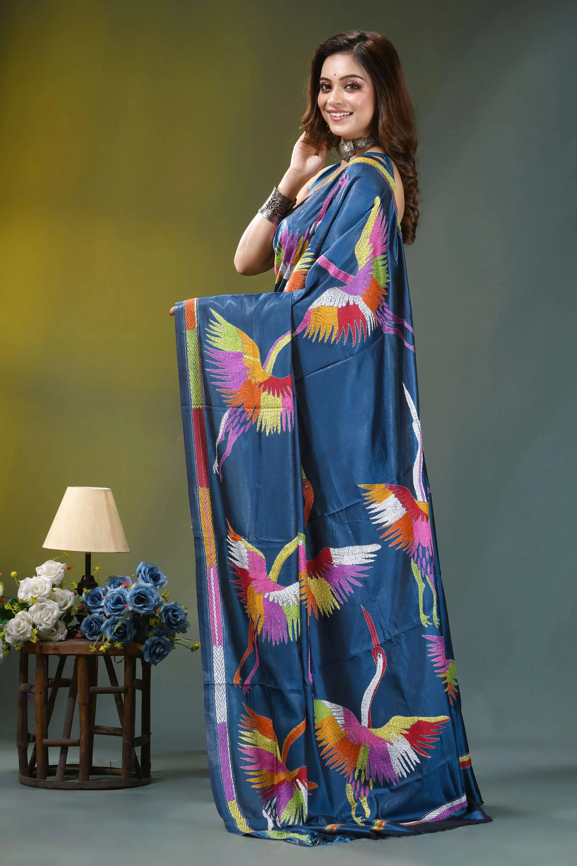 Navy blue multi-thread heron motif handcrafted silk kantha saree vibrant blue silk saree adorned 3