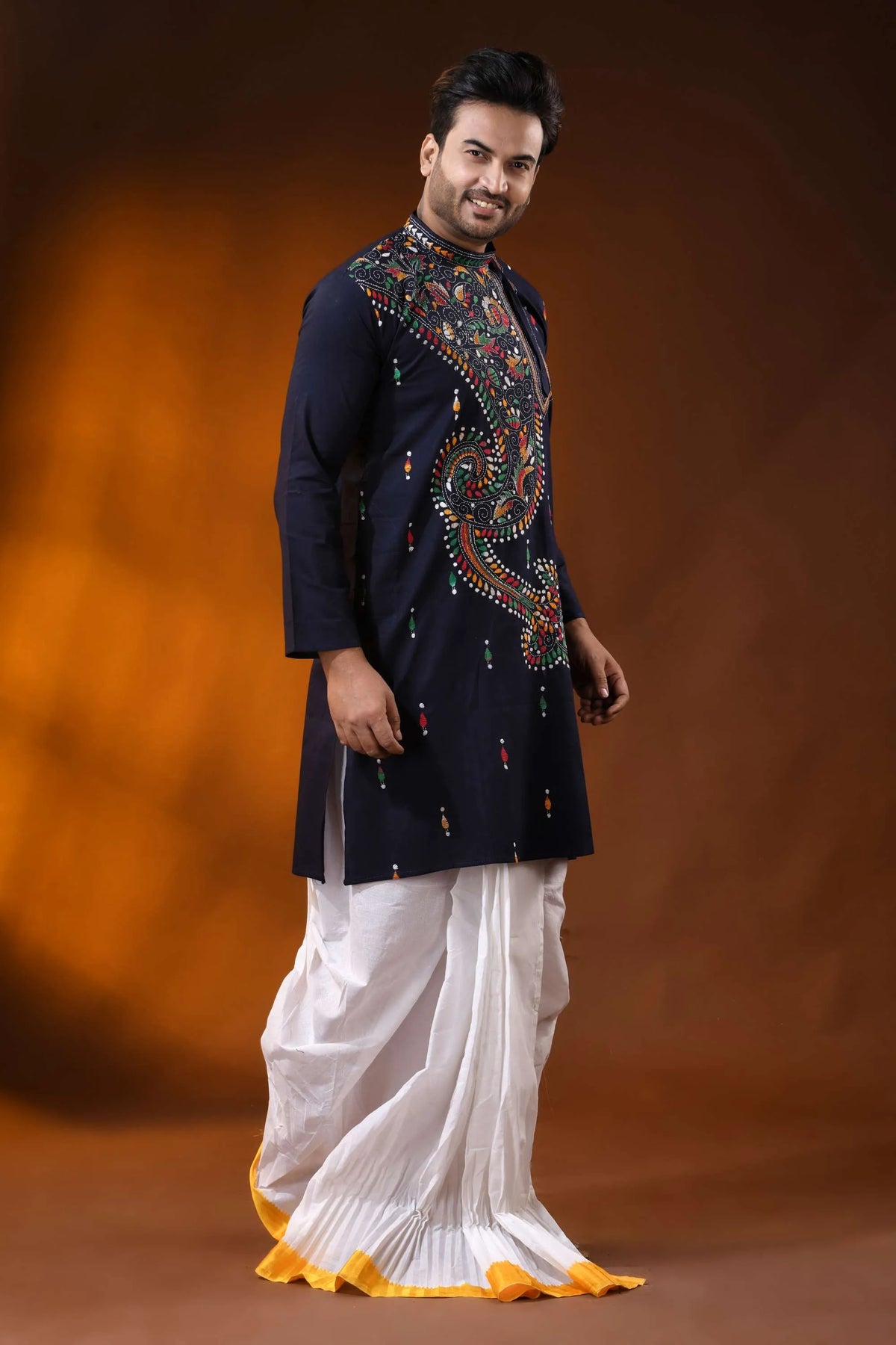 Navy blue multicolor paisley kantha embroidered pure cotton kurta for men 3
