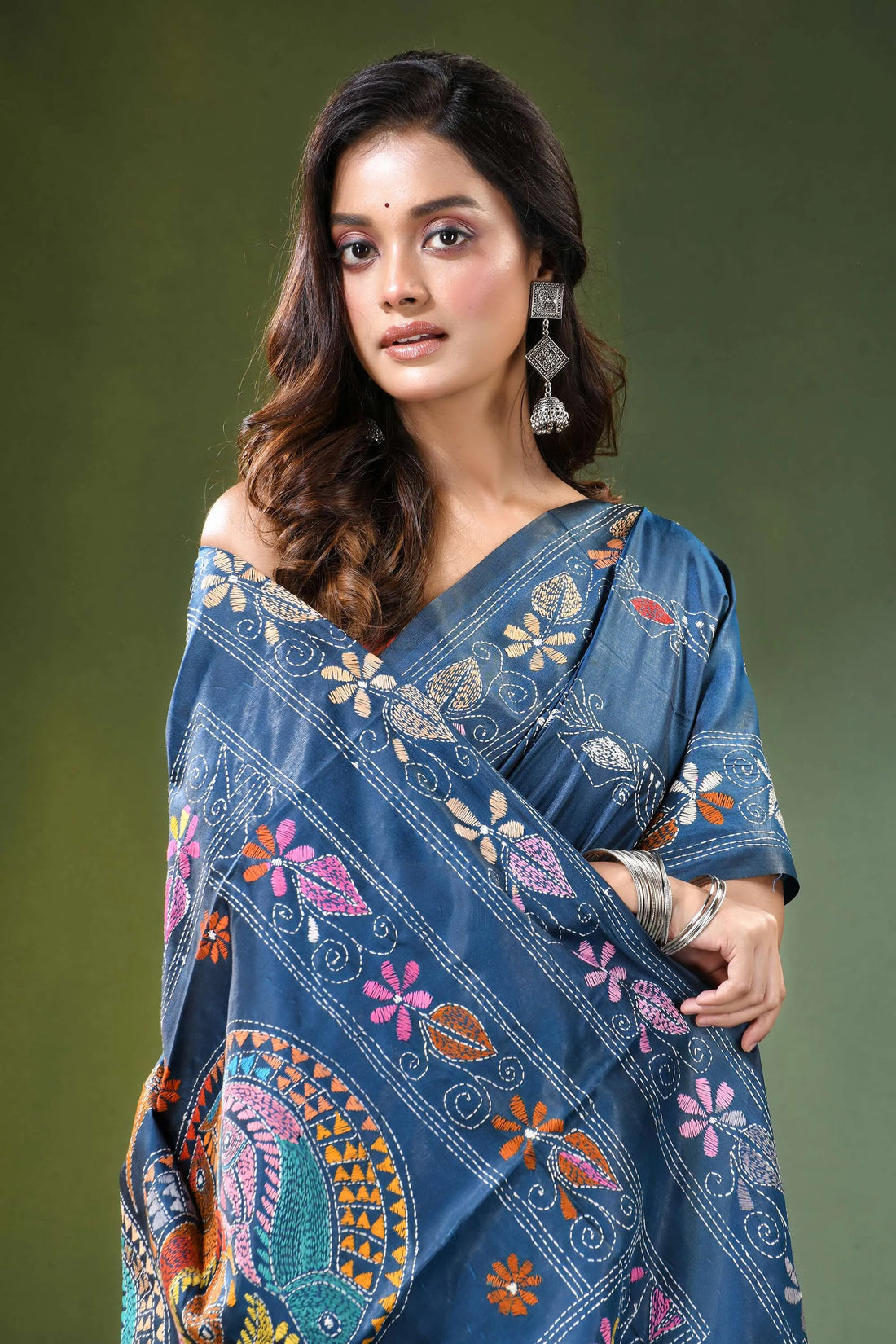 Navy blue multithread fish motif handcrafted silk kantha saree woman wears 2