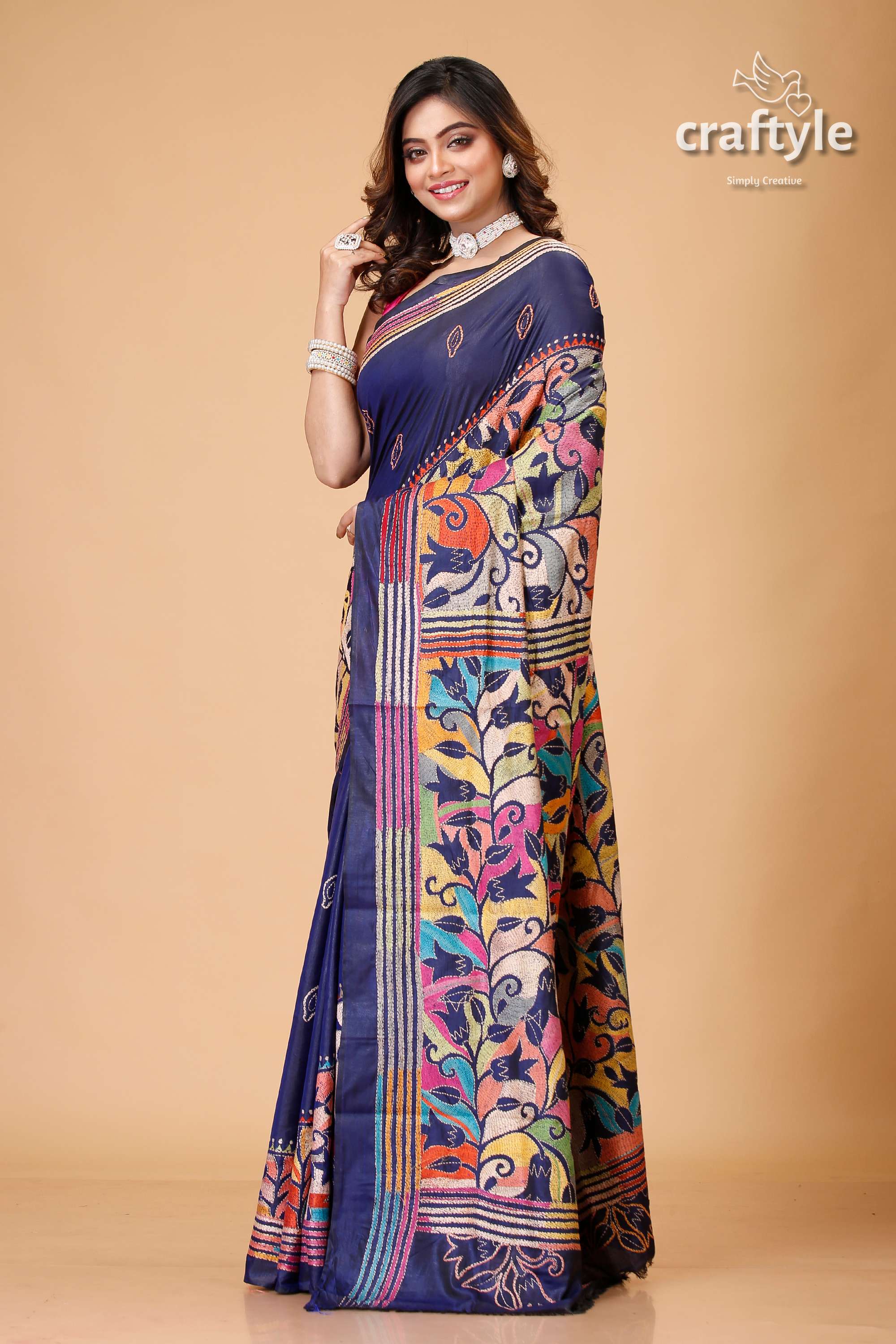 Navy Blue Tulip Motif Kantha Silk Sari - Reverse Stitch - Craftyle