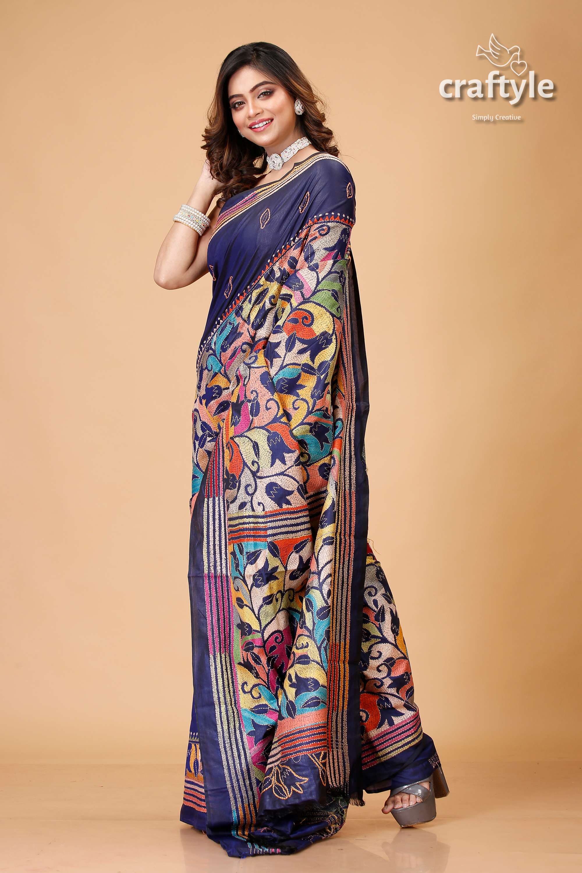 Navy Blue Tulip Motif Kantha Silk Sari - Reverse Stitch - Craftyle