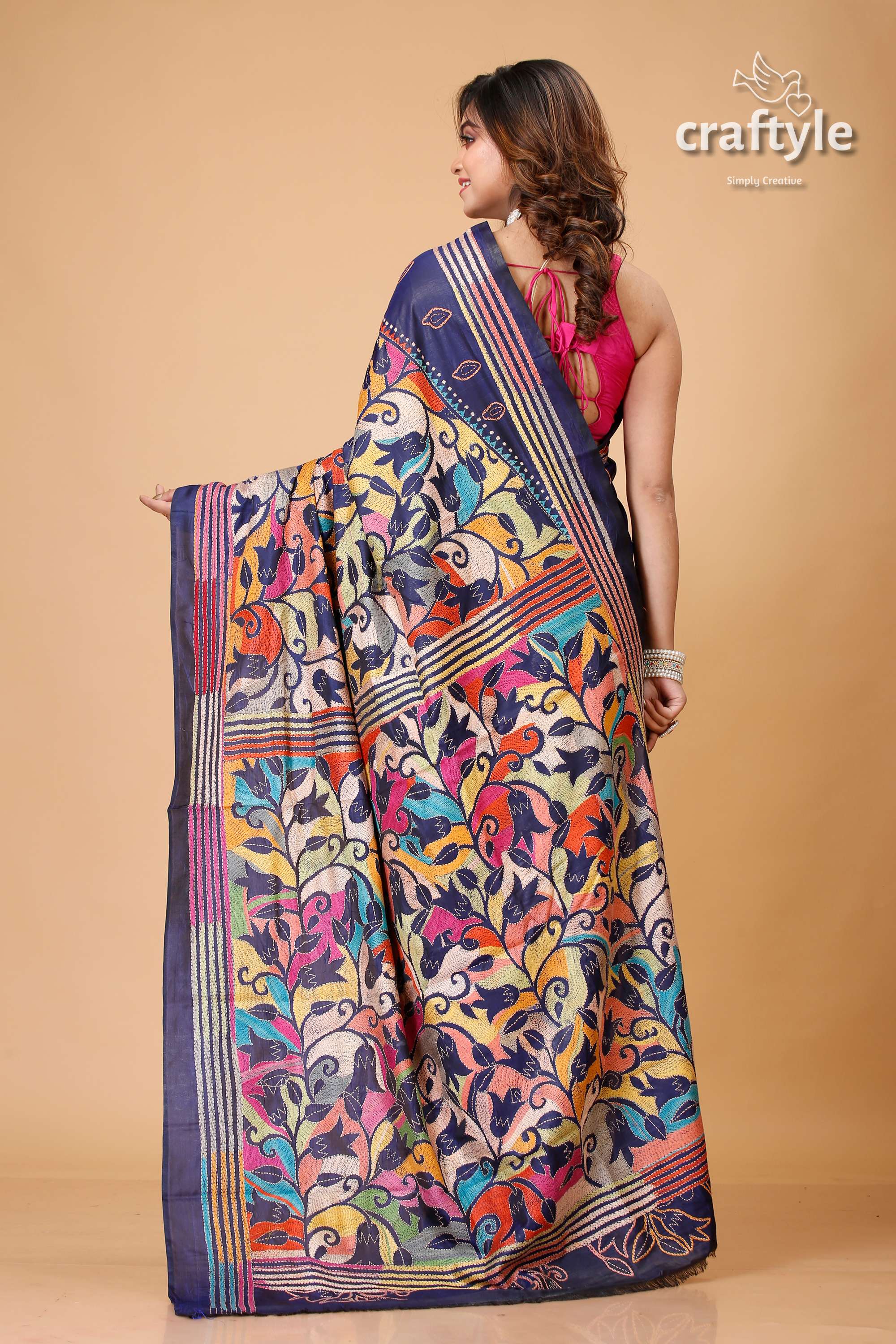 Navy Blue Tulip Motif Kantha Silk Sari - Reverse Stitch - Craftyle